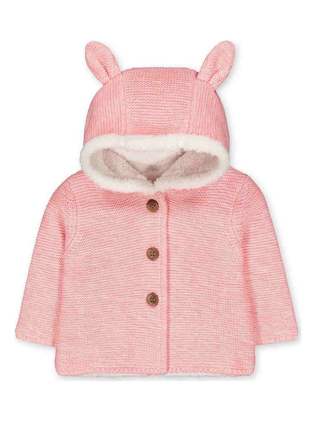 My First Pink Bunny Borg-Lined Knit Cardigan With Hood