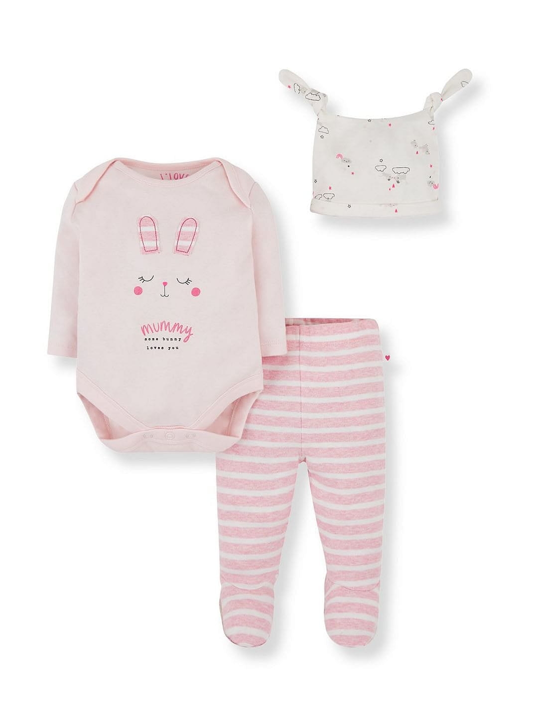 Mothercare | Pink Bunny Mummy Bodysuit, Leggings and Hat Set 0