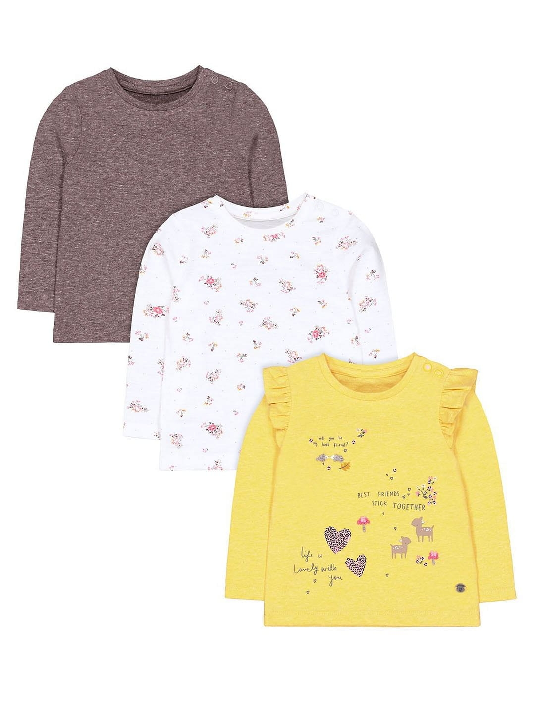 Mothercare | Yellow Woodland Animals, Grey and Floral T-Shirts - Pack of 3 0