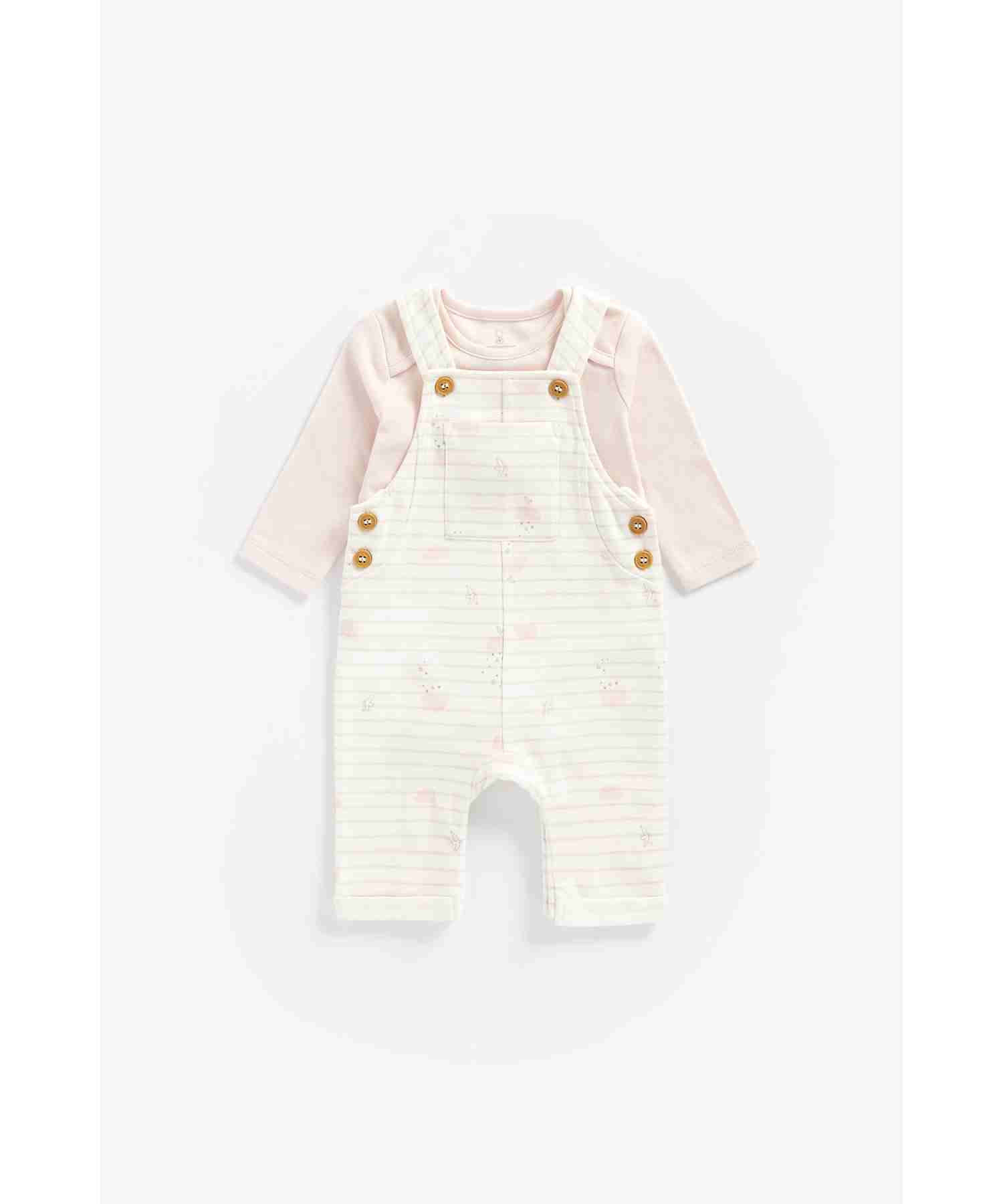Mothercare Girls 100% Cotton Full Sleeves Bodysuit and Dungaree Set - Pink