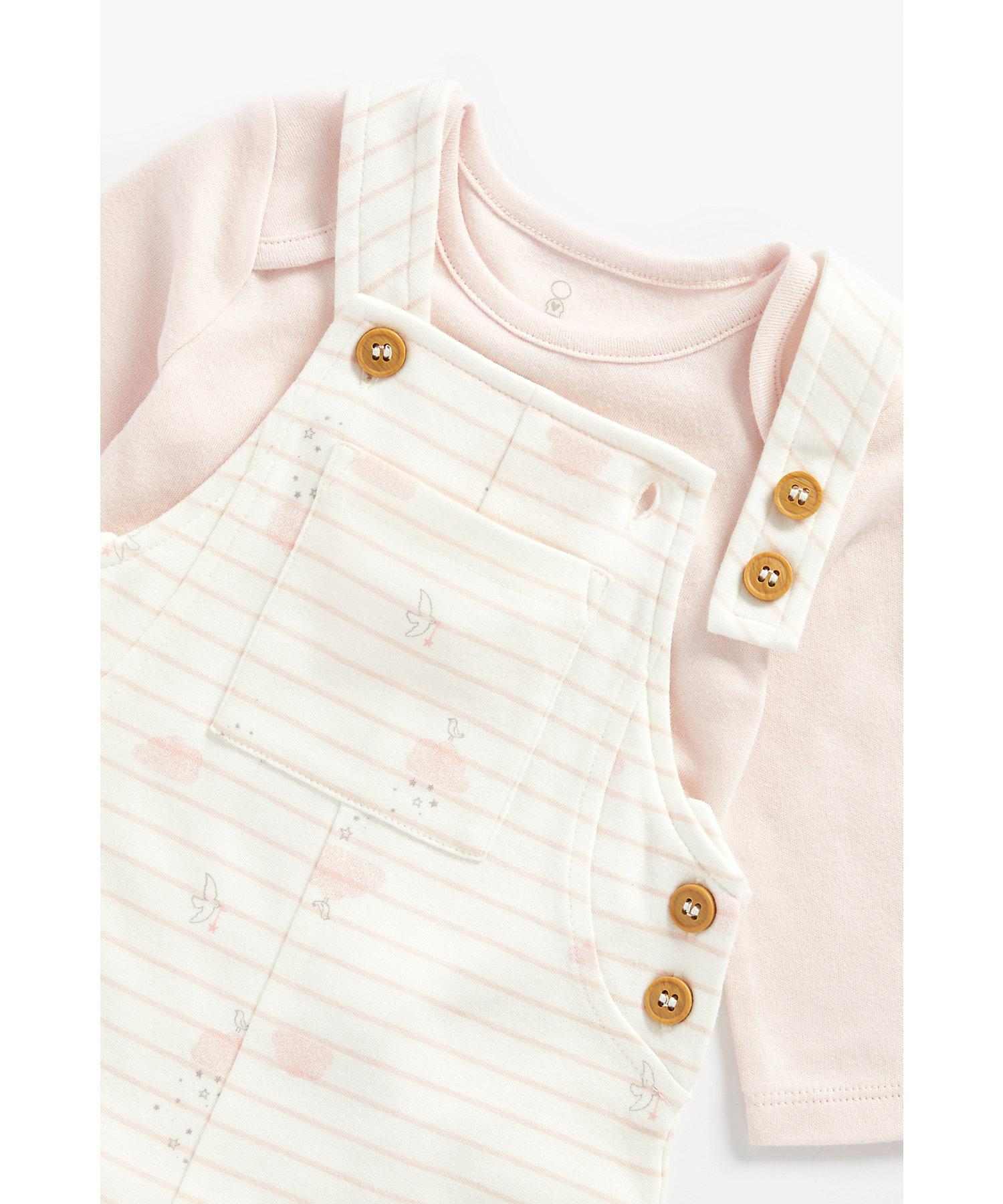 Mothercare Girls 100% Cotton Full Sleeves Bodysuit and Dungaree Set - Pink
