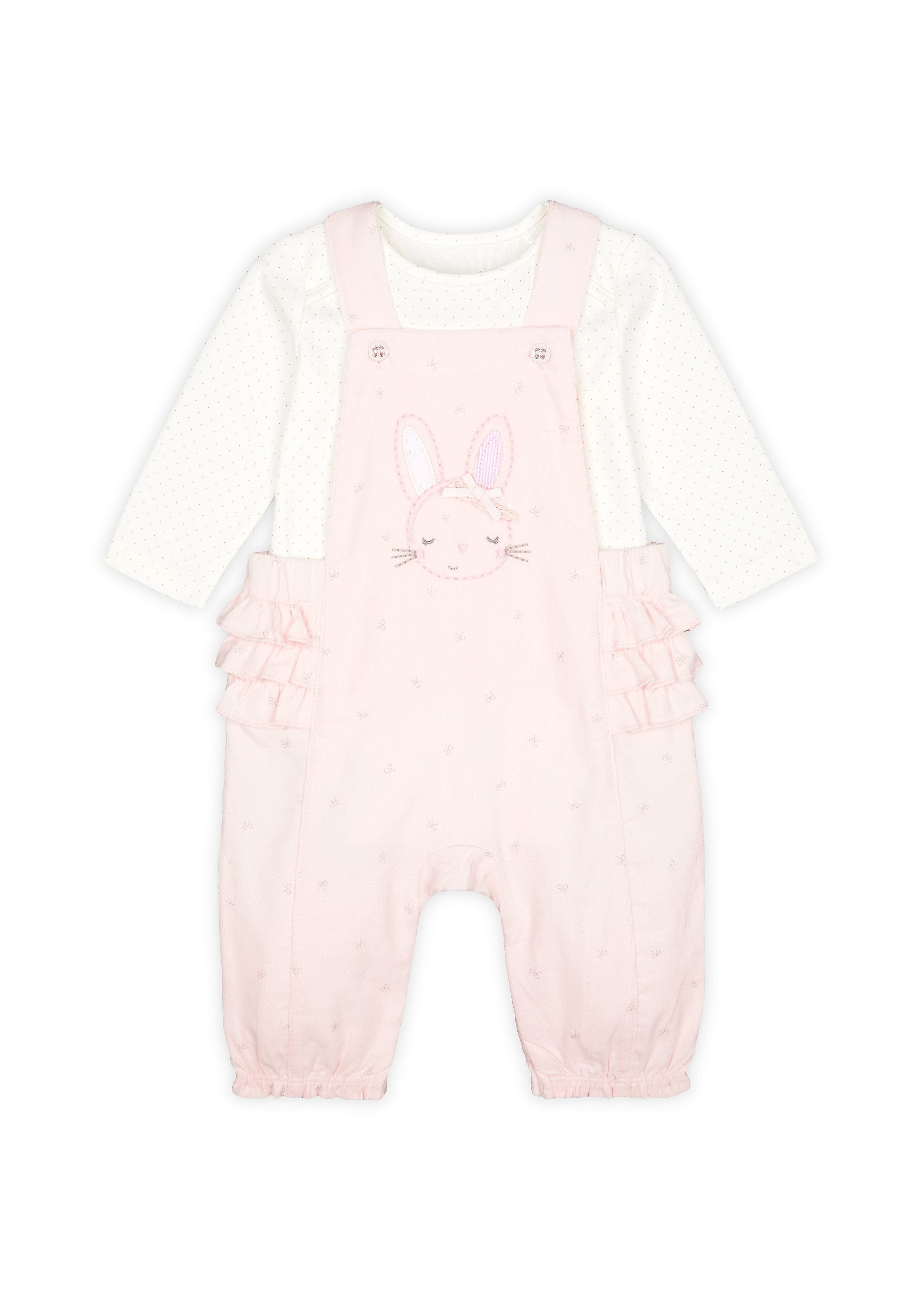Mothercare | Girls Full Sleeves Cord Dungaree Set Bunny Embroidery With Frill Details - Pink 0