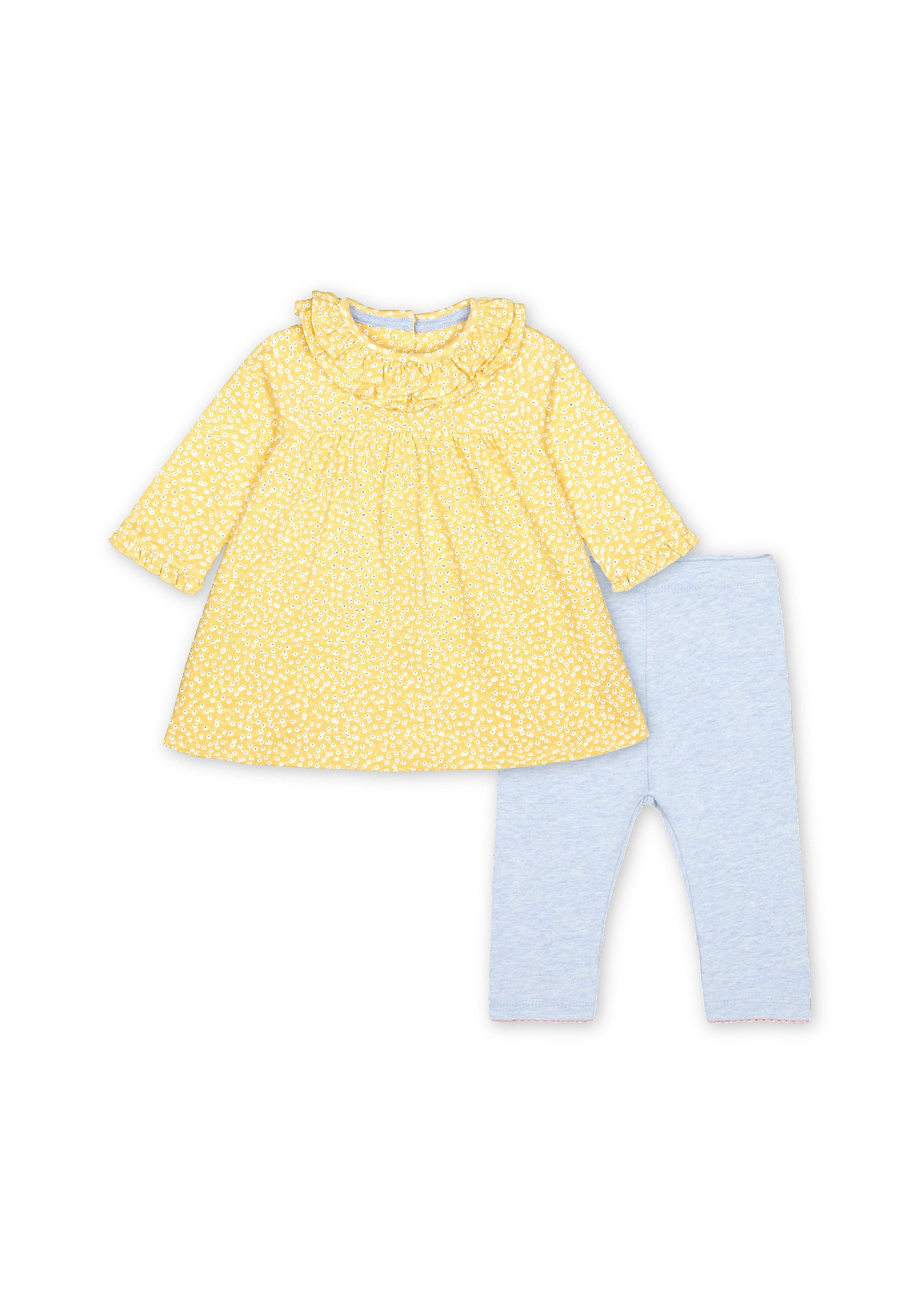 Mothercare | Girls Full Sleeves Dress And Legging Set Floral Print - Yellow Grey 0