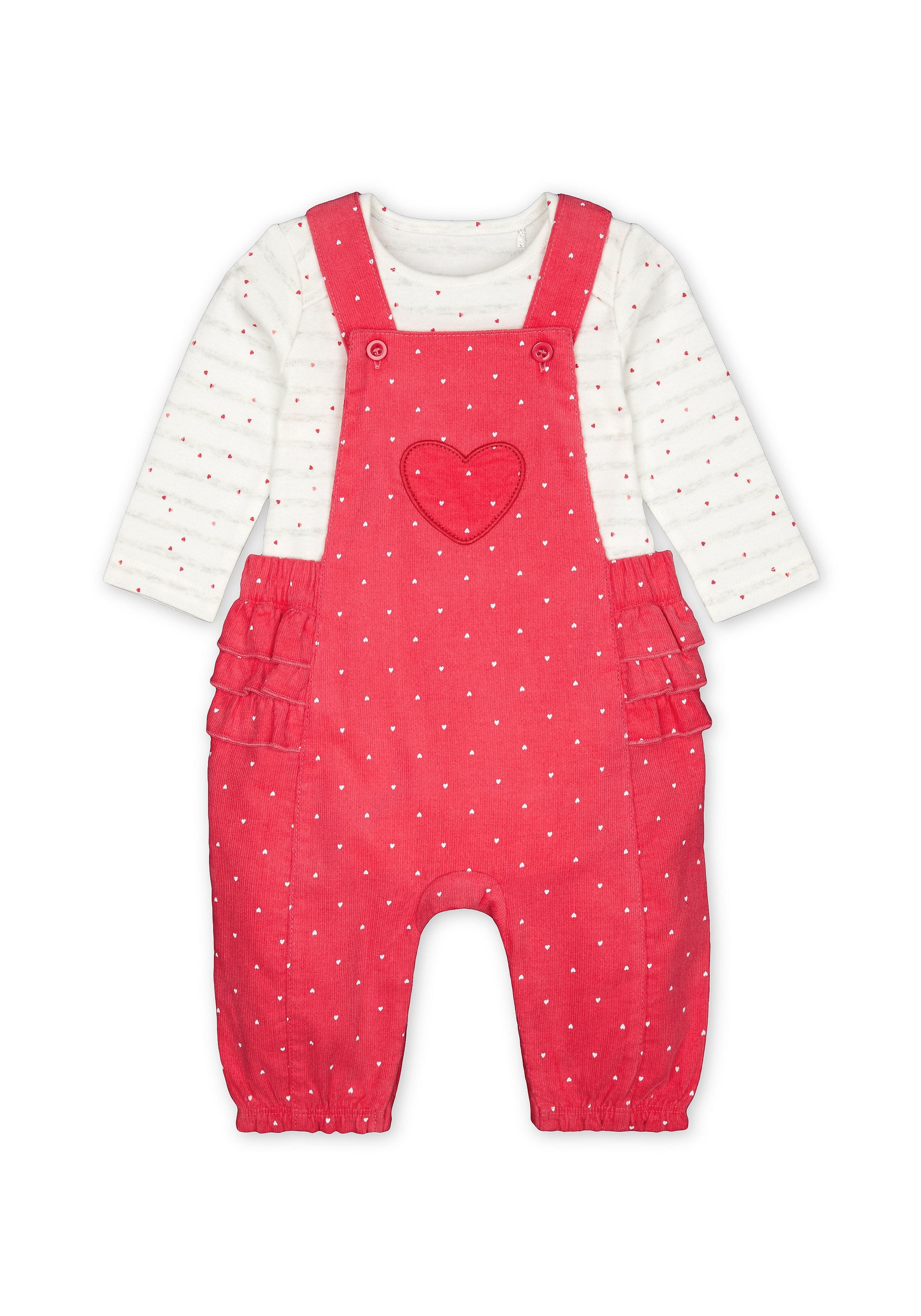 Mothercare | Girls Full Sleeves Cord Dungaree Set Polka Dot Print With Frill Details - Pink White 0