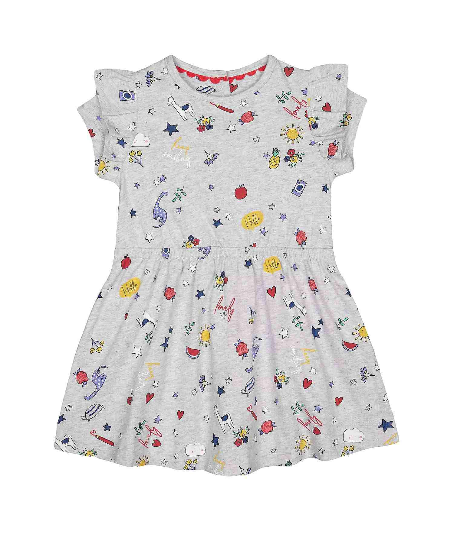 Girls Half Sleeves Dress Printed - Grey