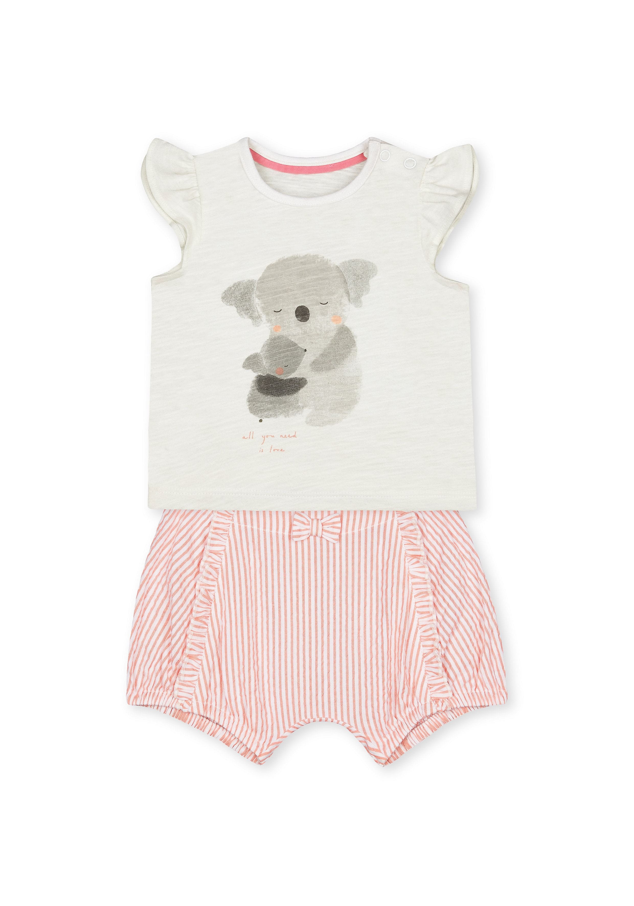 Mothercare | Girls Half Sleeves Koala Print Tee And Shorts Set - Pink White 0