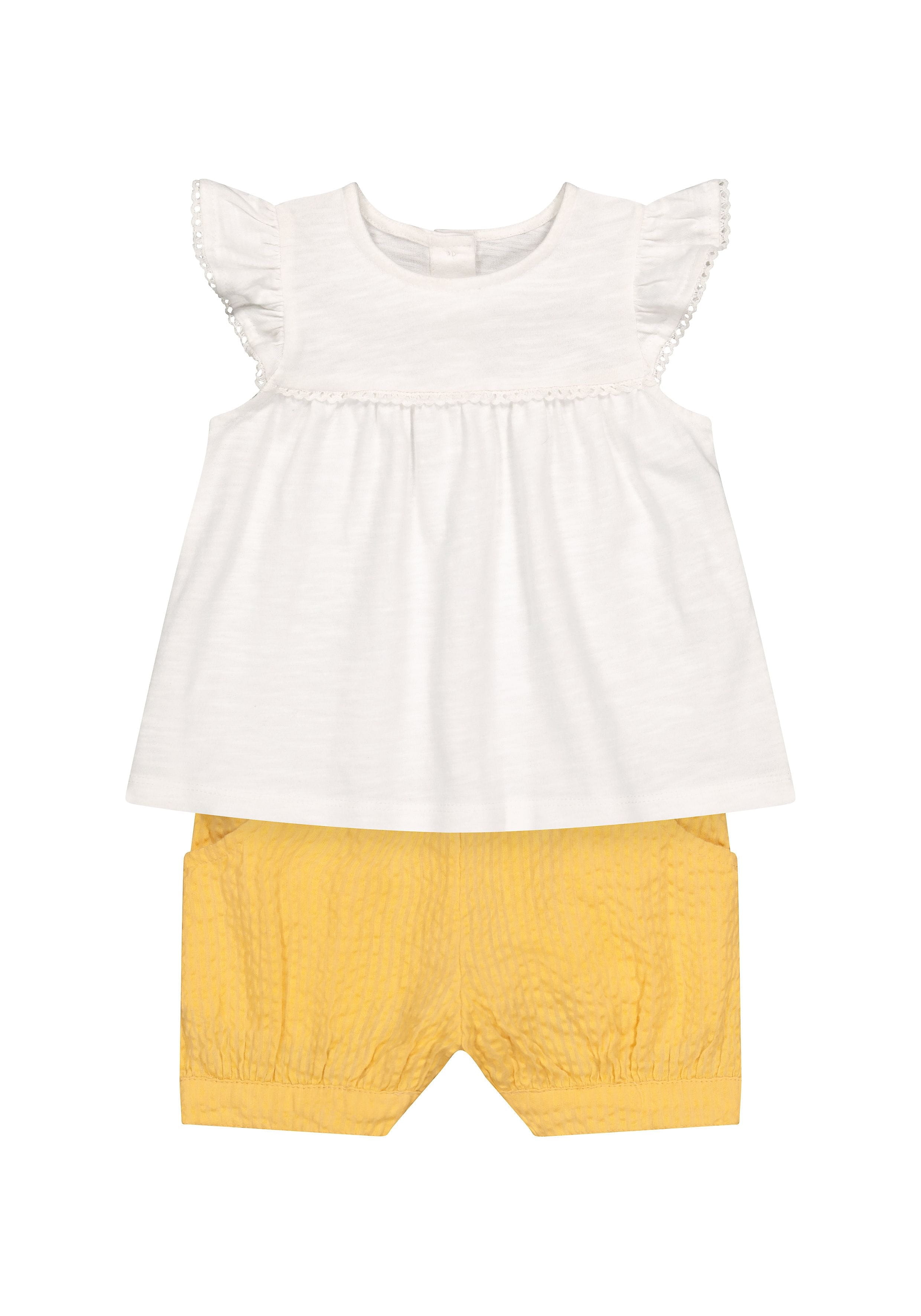 Mothercare | Girls Half Sleeves Lace Details Top And Shorts Set - White Yellow 0