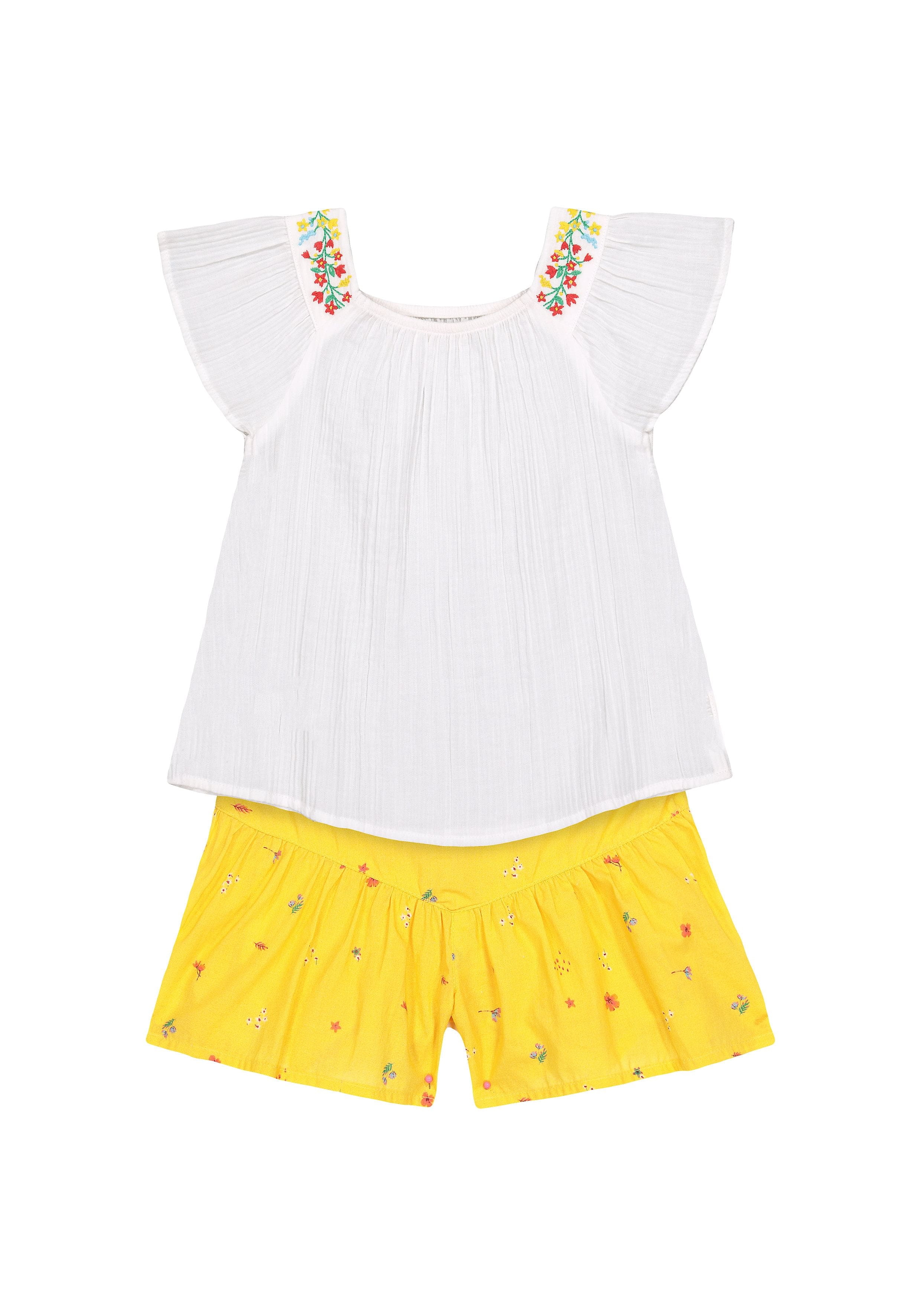 Mothercare | Girls Half Sleeves Embroidered Tops And Shorts Set - White Yellow 0