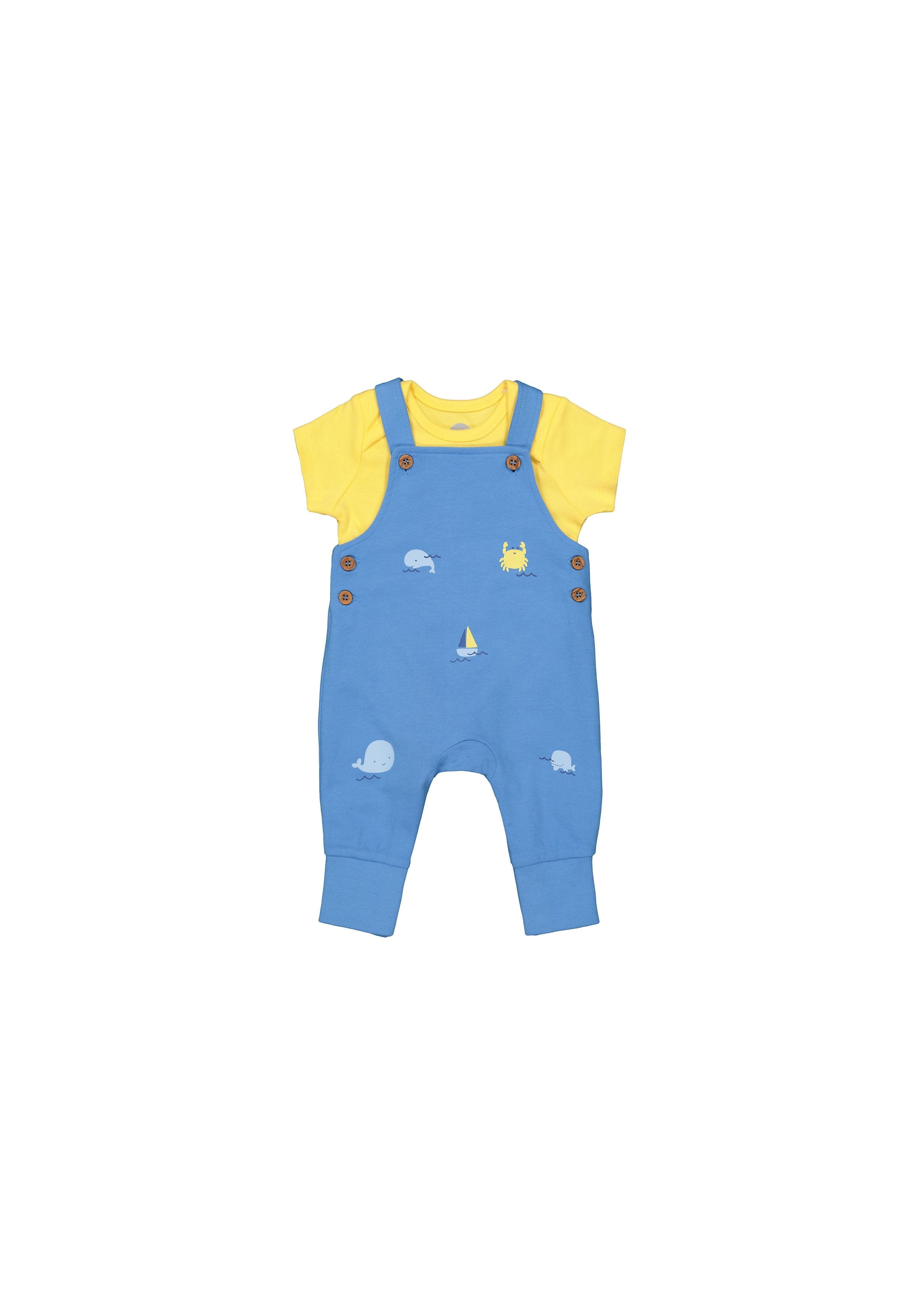 Mothercare | Boys Half Sleeves Dungaree Set Whale Print - Yellow Blue 0