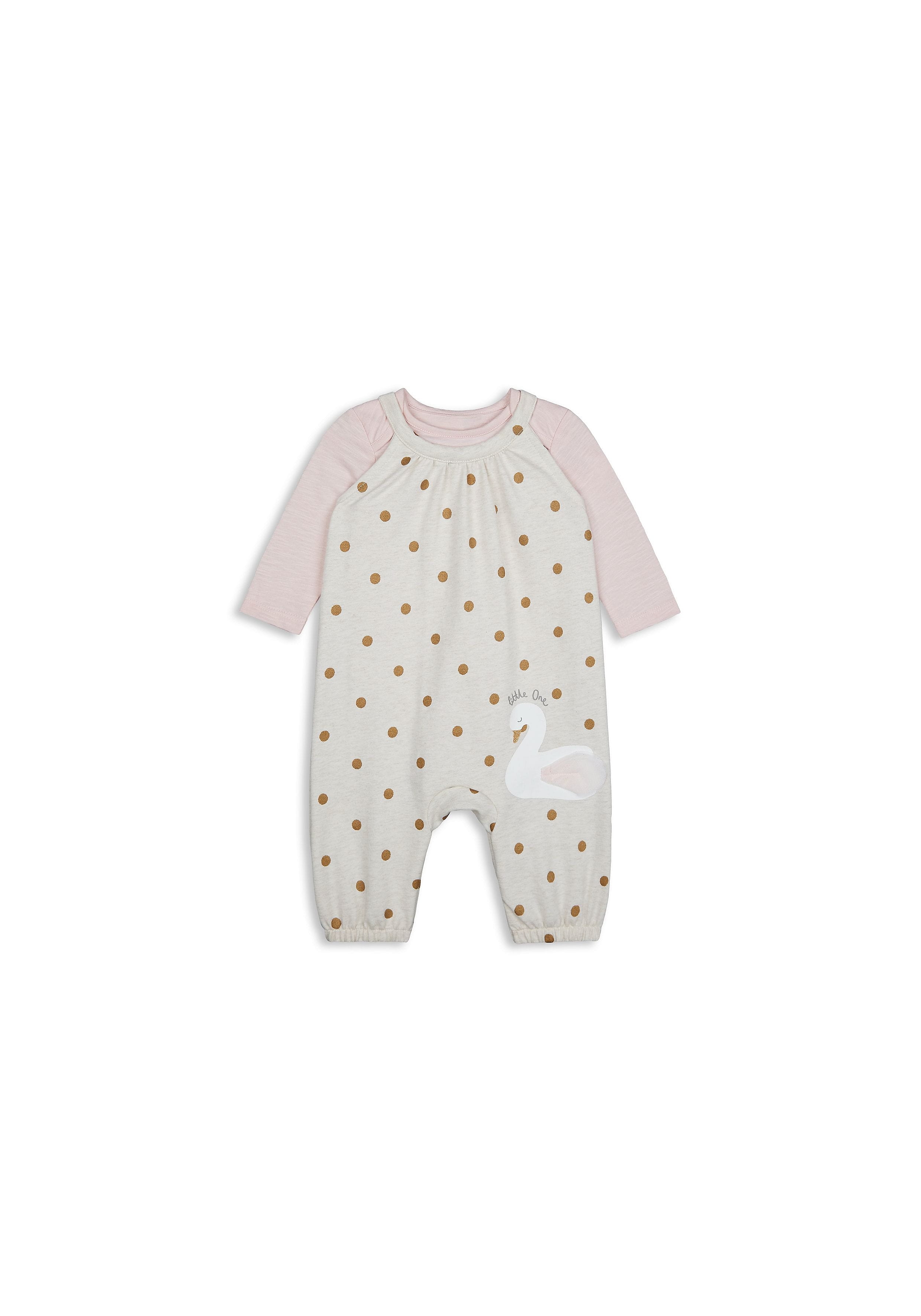 Mothercare | Girls Full Sleeves Dungaree Set Glitter Swan Print - Grey 0