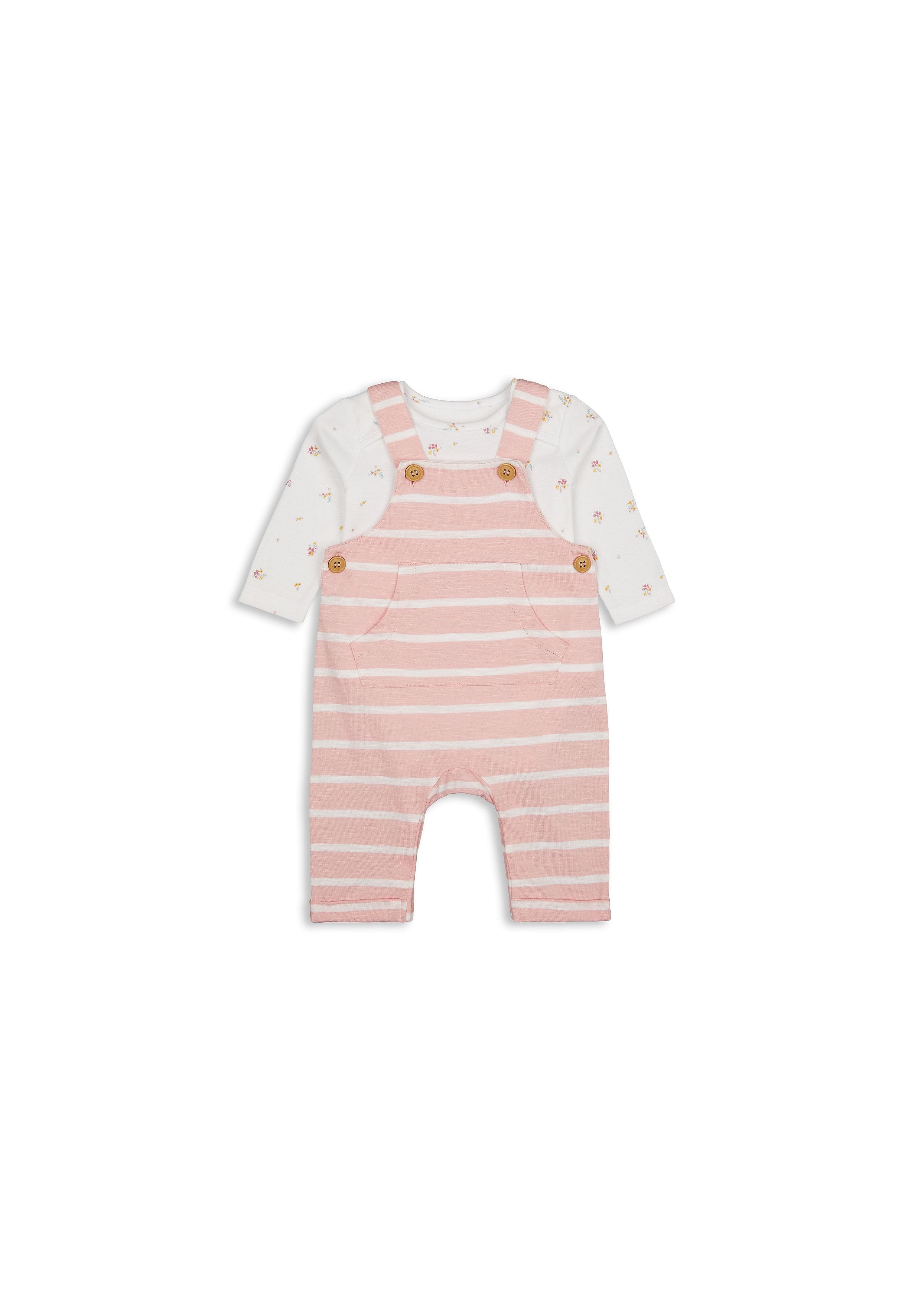 Mothercare | Girls Full Sleeves Dungaree Set Striped - Pink 0