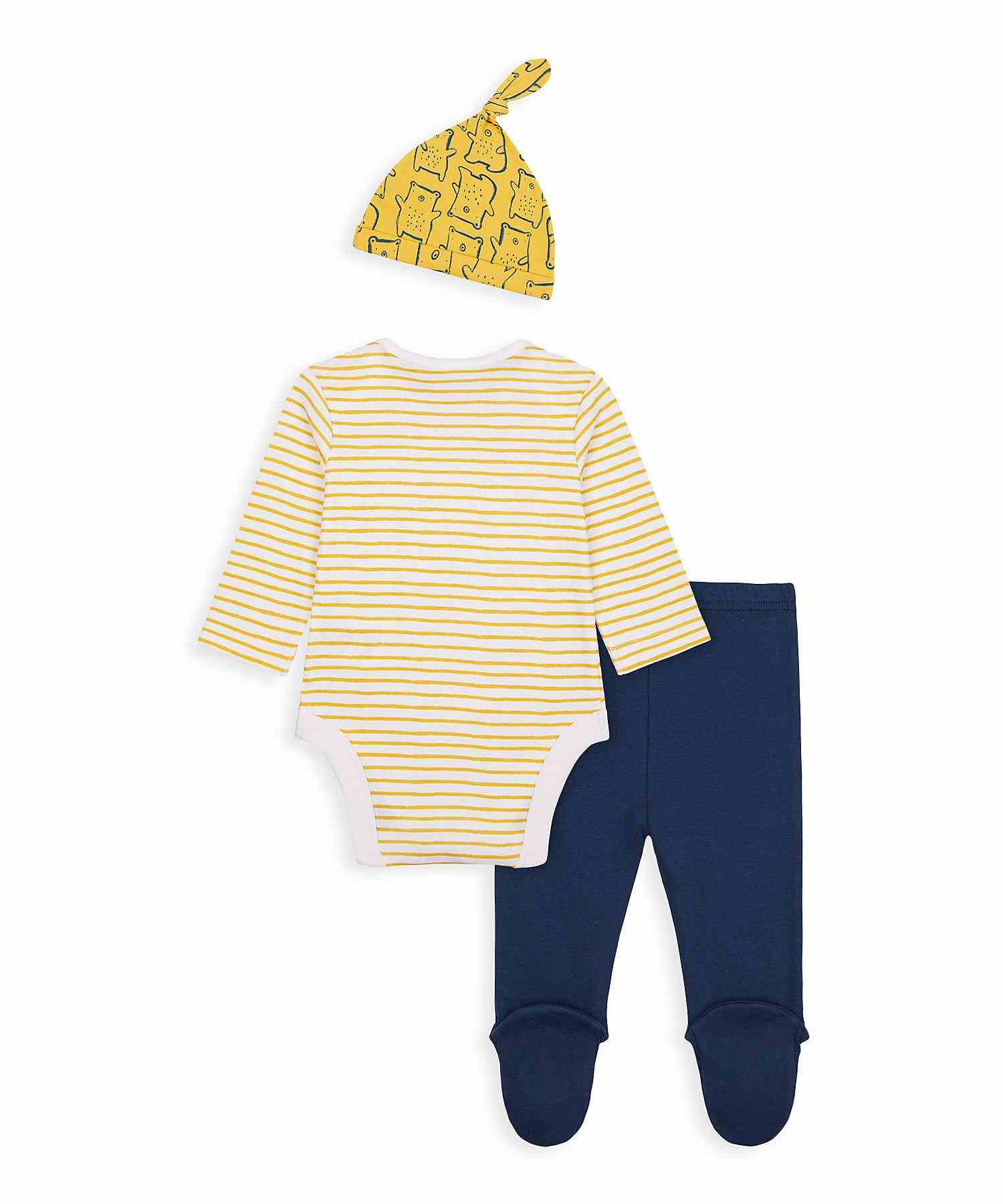Mothercare Boys 100% Cotton Full Sleeves Hat, Bodysuit and leggings - Yellow