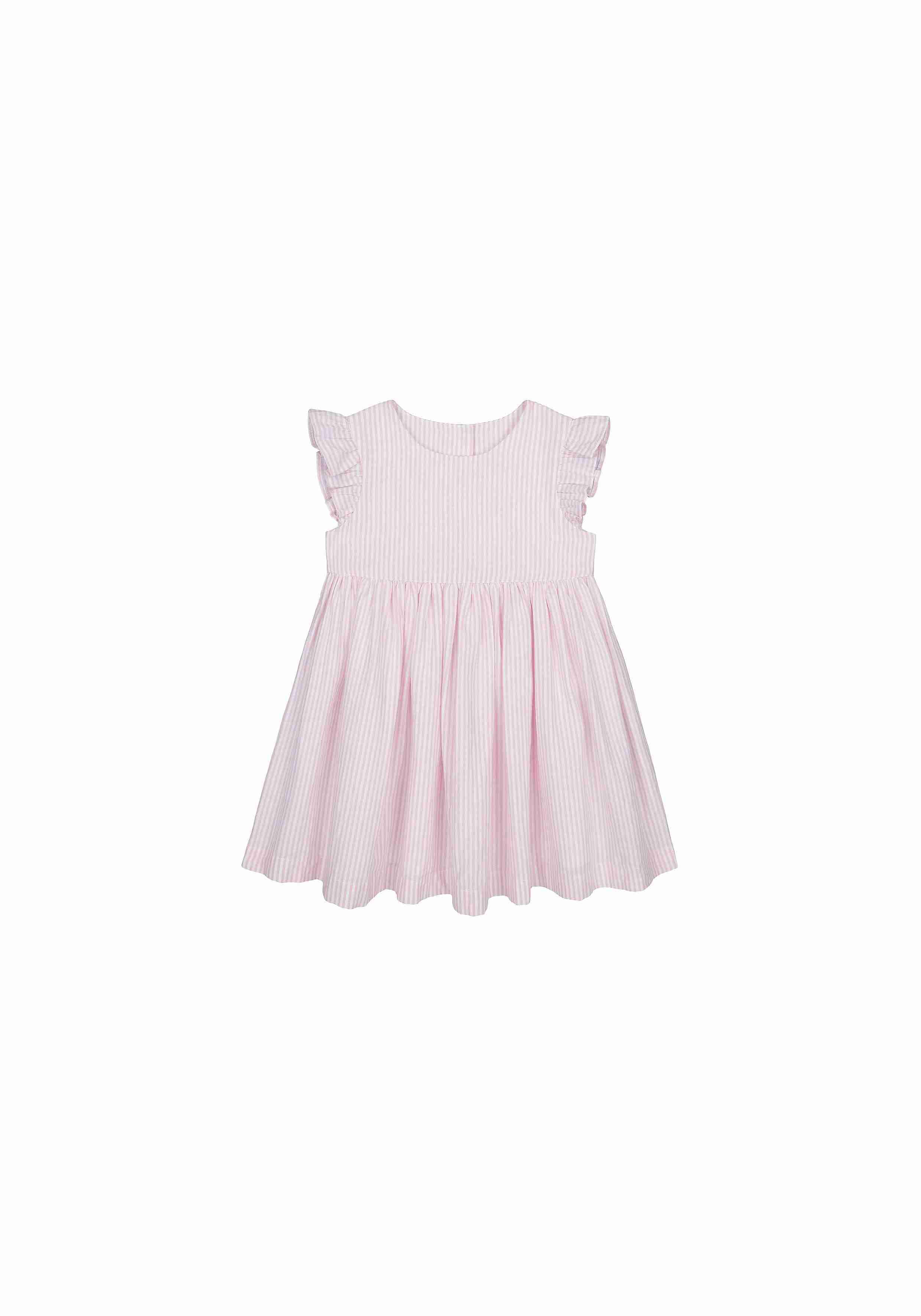 Girls Half Sleeves Woven Dress Striped - Pink