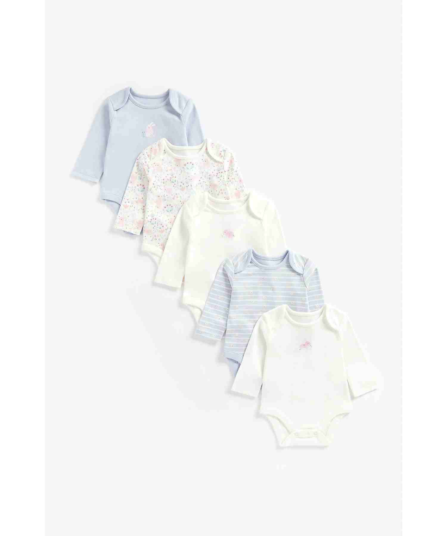 Mothercare Girls 100% Cotton Full Sleeves Bodysuit - Pack of 5 - Multicolor