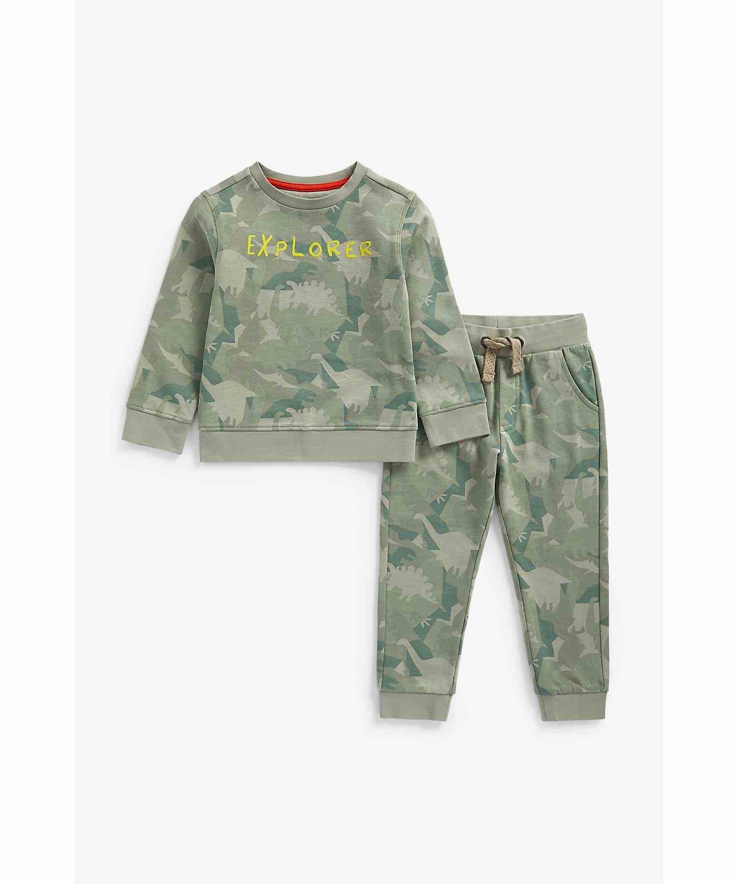 Mothercare Boys 100% Cotton Full Sleeves Jogger and T-Shirt Set - Green