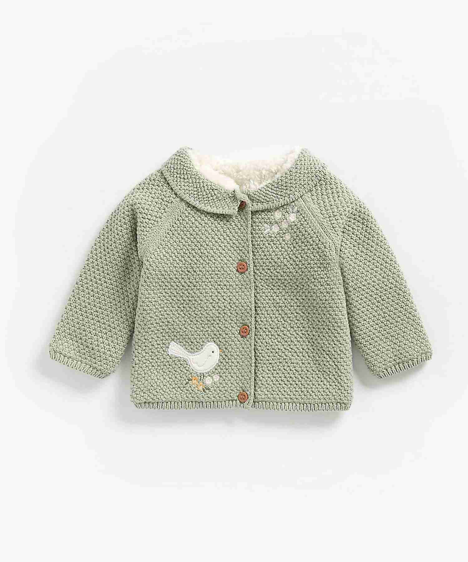 Girls Full Sleeves Borg Lined Cardigan Bird Patchwork Green