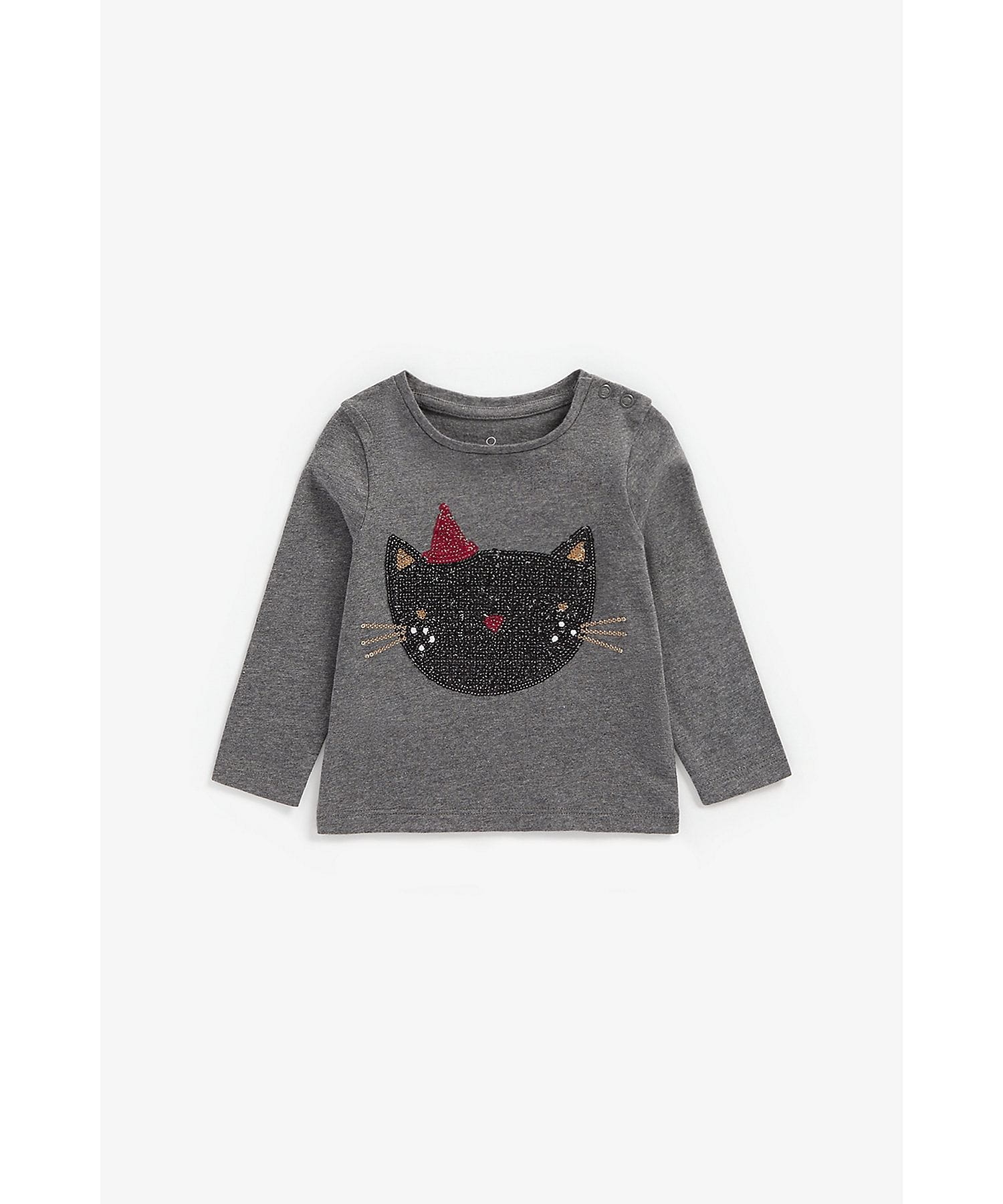 Mothercare | Girls Full Sleeves T-Shirt Cat Sequin Detail - Grey 0