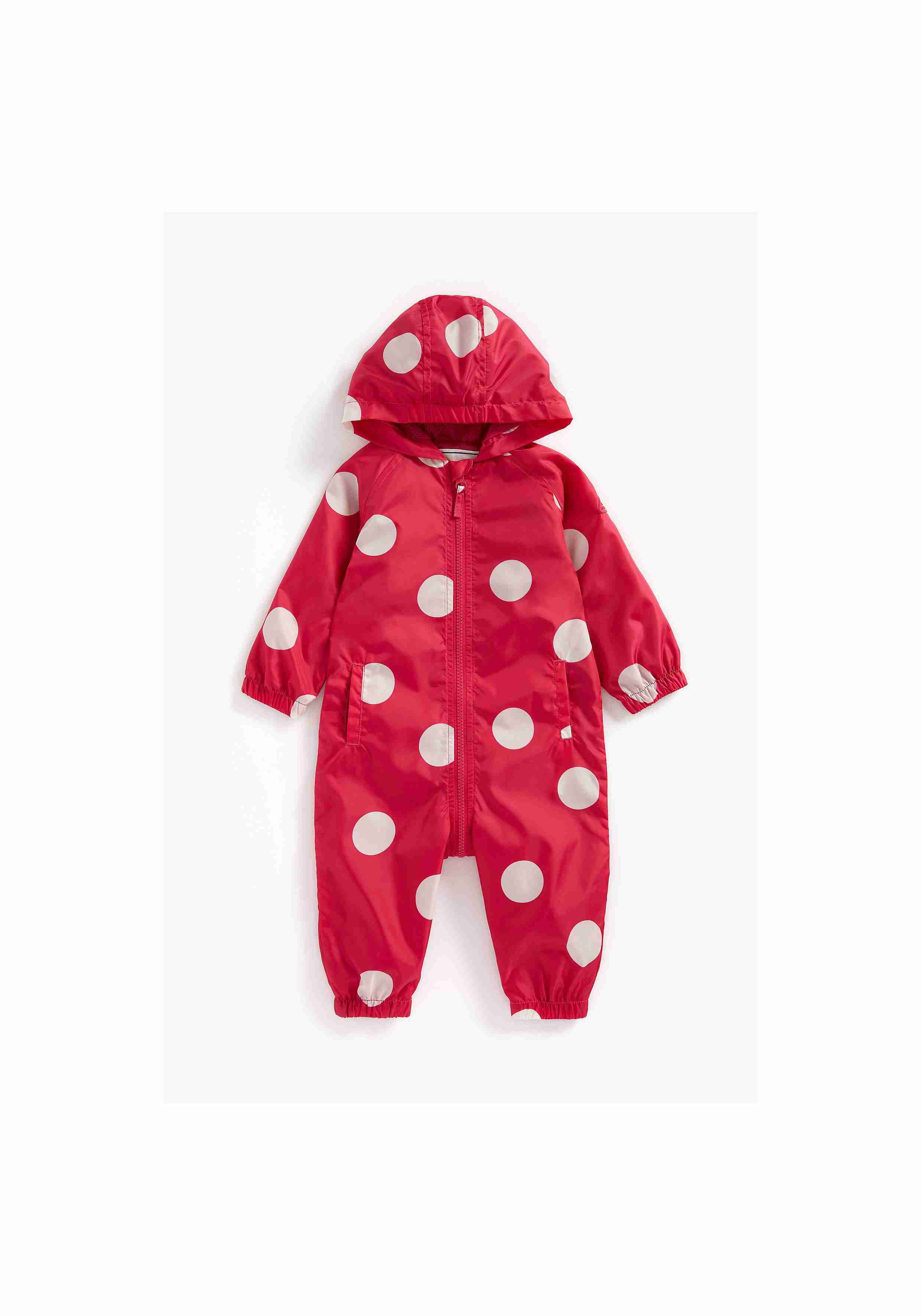 Girls Full Sleeves Hooded Puddlesuit Polka Dot Print Red