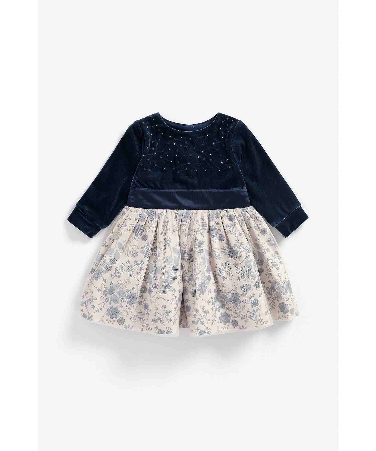 Girls Full Sleeves Velour Party Dress Sequin Detail - Navy