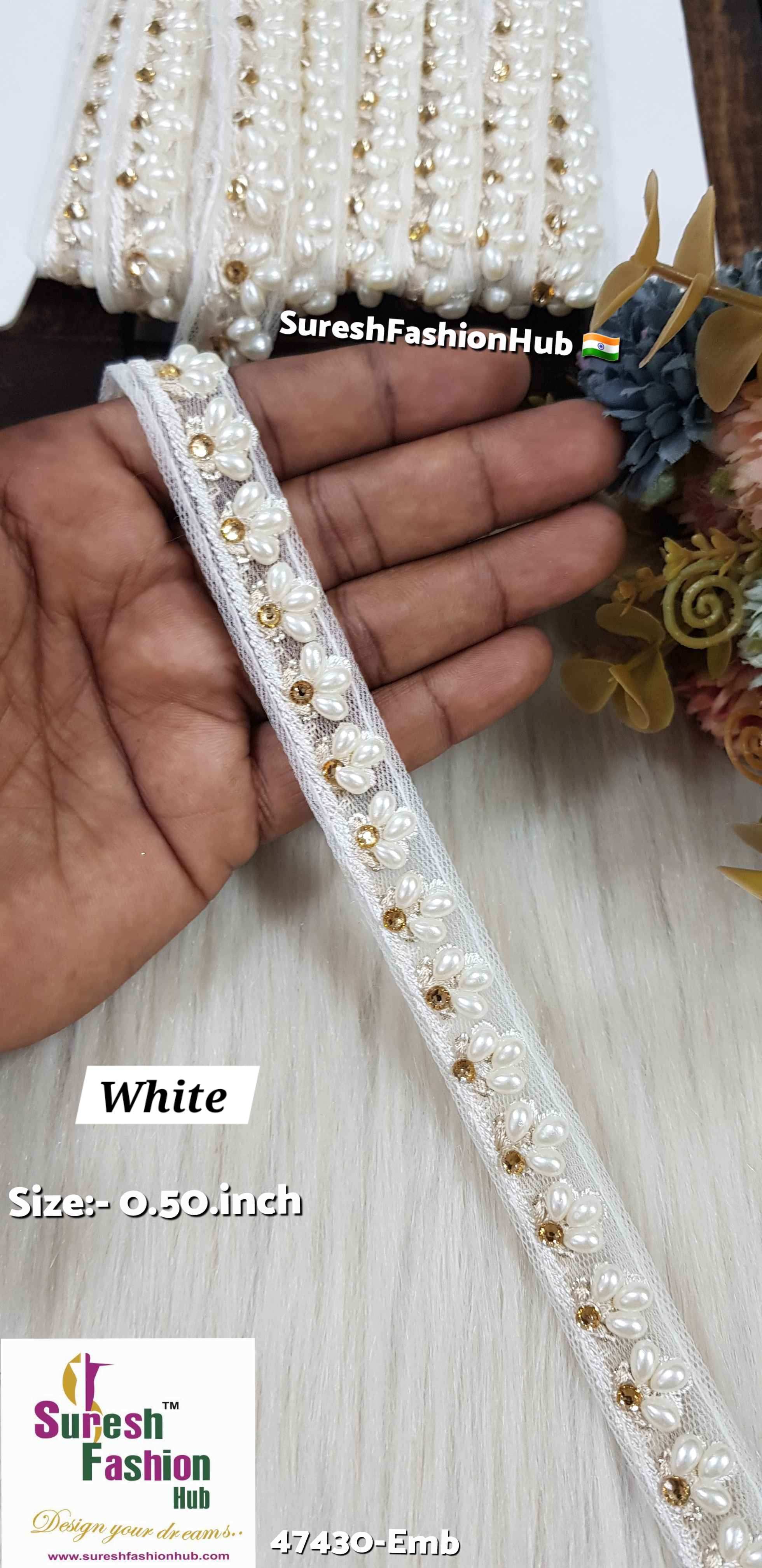 LuxeGlimmer Embroidered Trim White Color