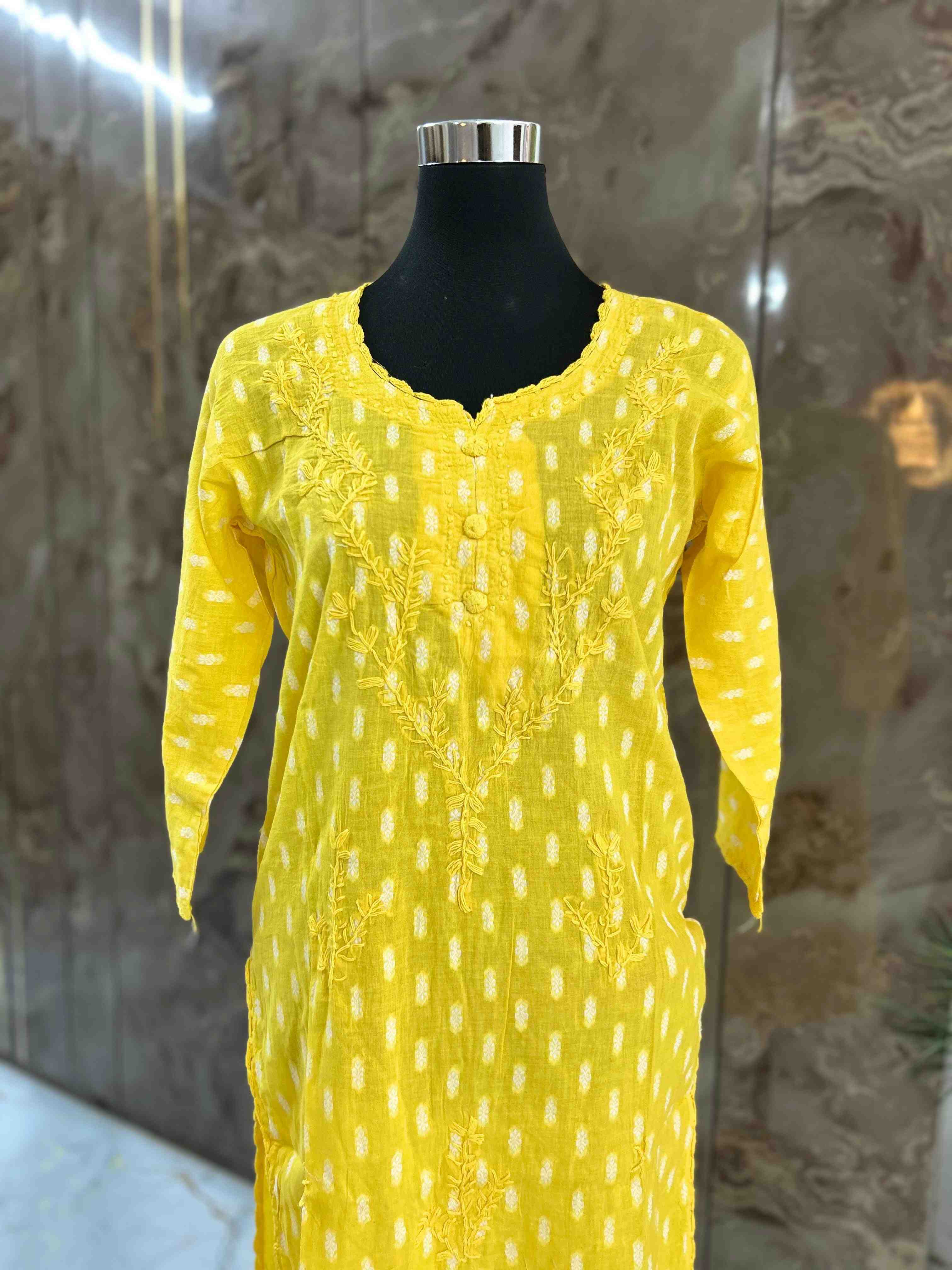 Yellow Lucknowi chickenkari cotton  kurta