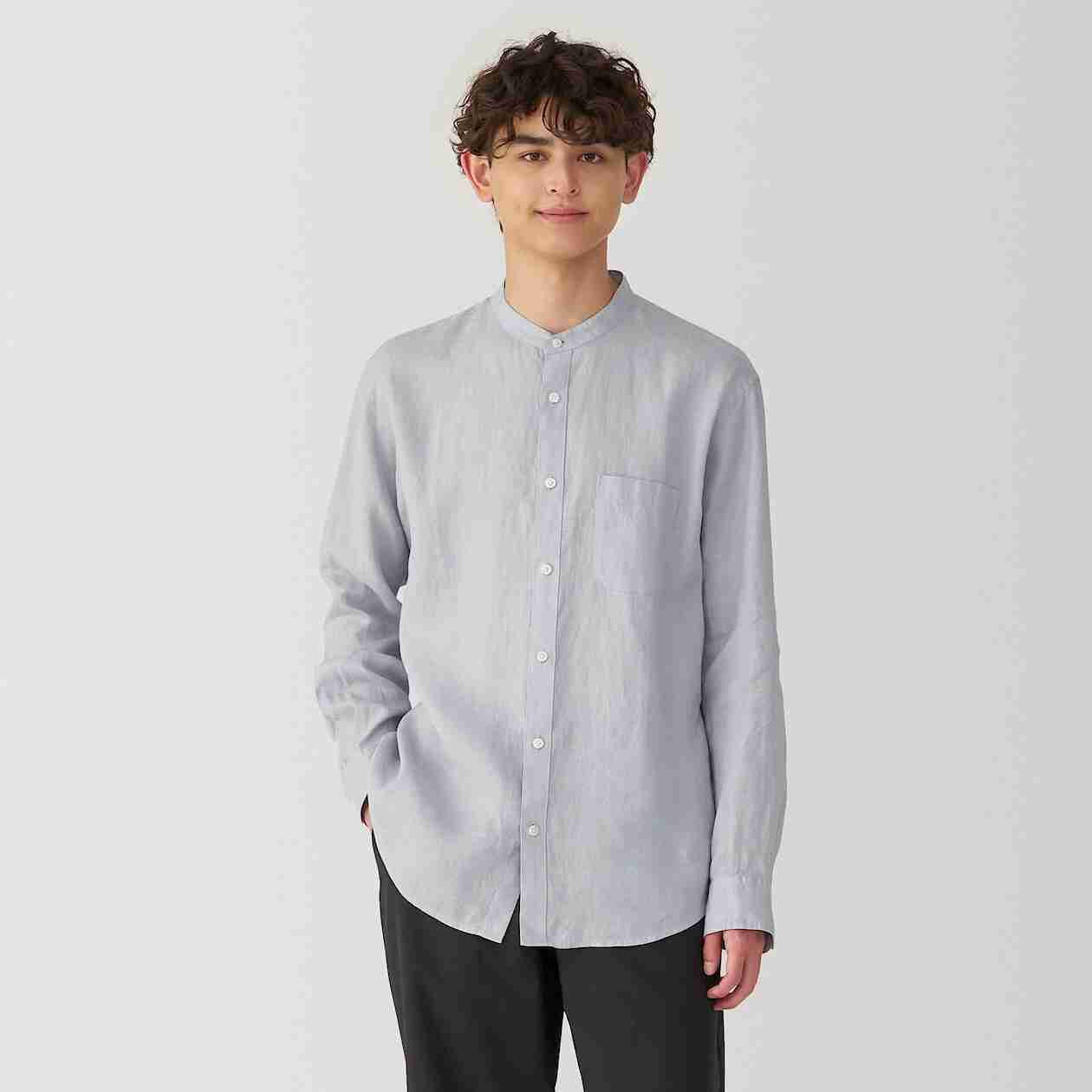 Linen washed stand collar L/S shirt(OS)