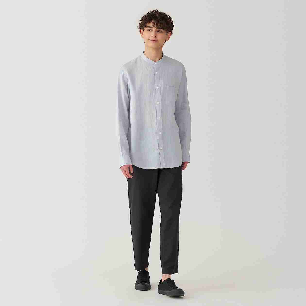 Linen washed stand collar L/S shirt(OS)