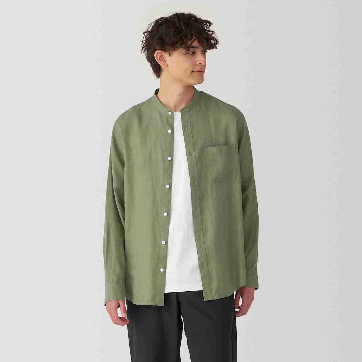 Linen washed stand collar L/S shirt(OS)