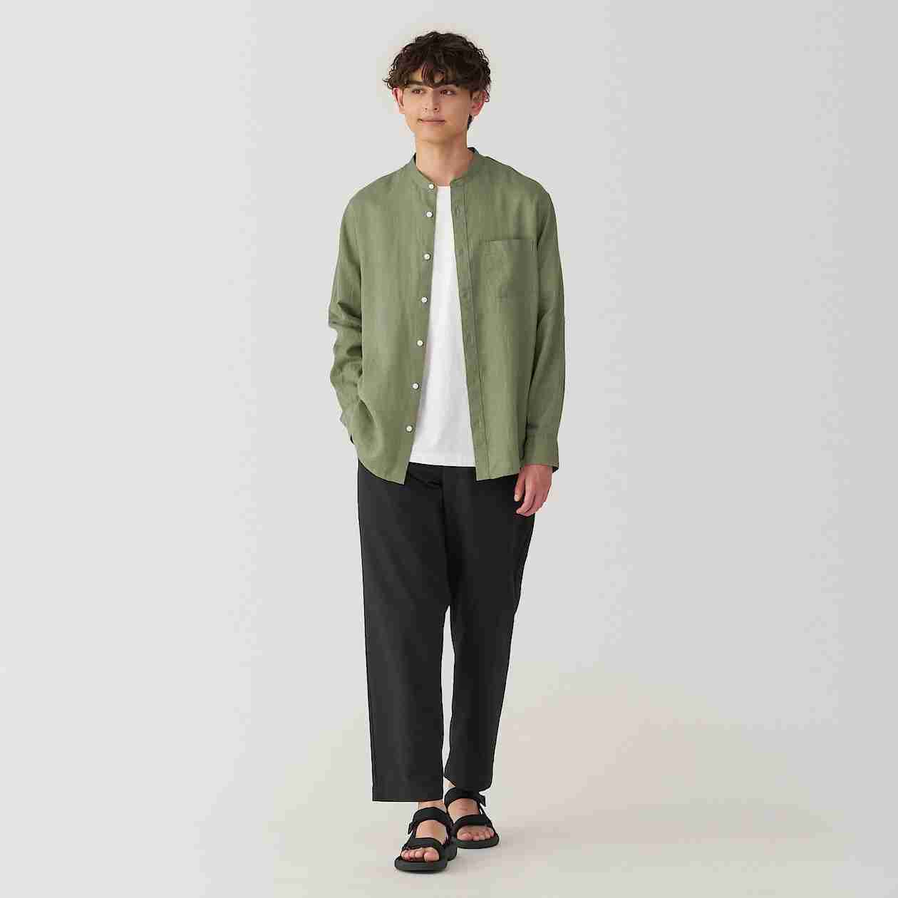 Linen washed stand collar L/S shirt(OS)