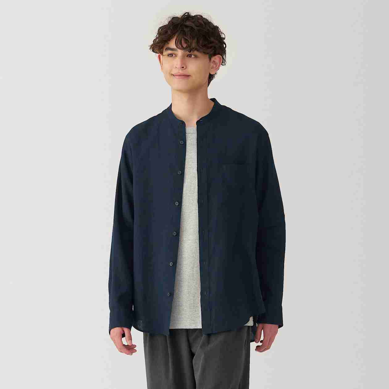 Linen washed stand collar L/S shirt(OS)