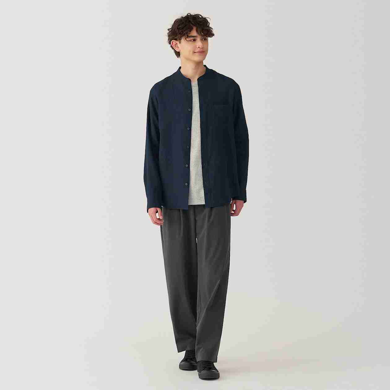 Linen washed stand collar L/S shirt(OS)