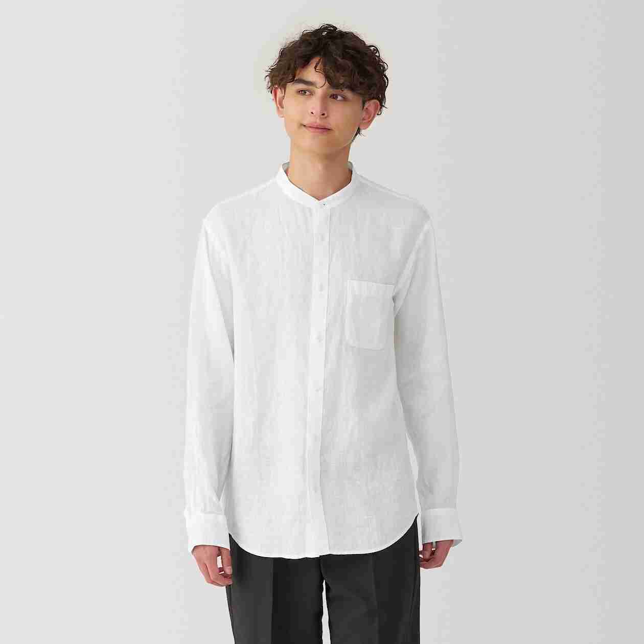 Linen washed stand collar L/S shirt(OS)