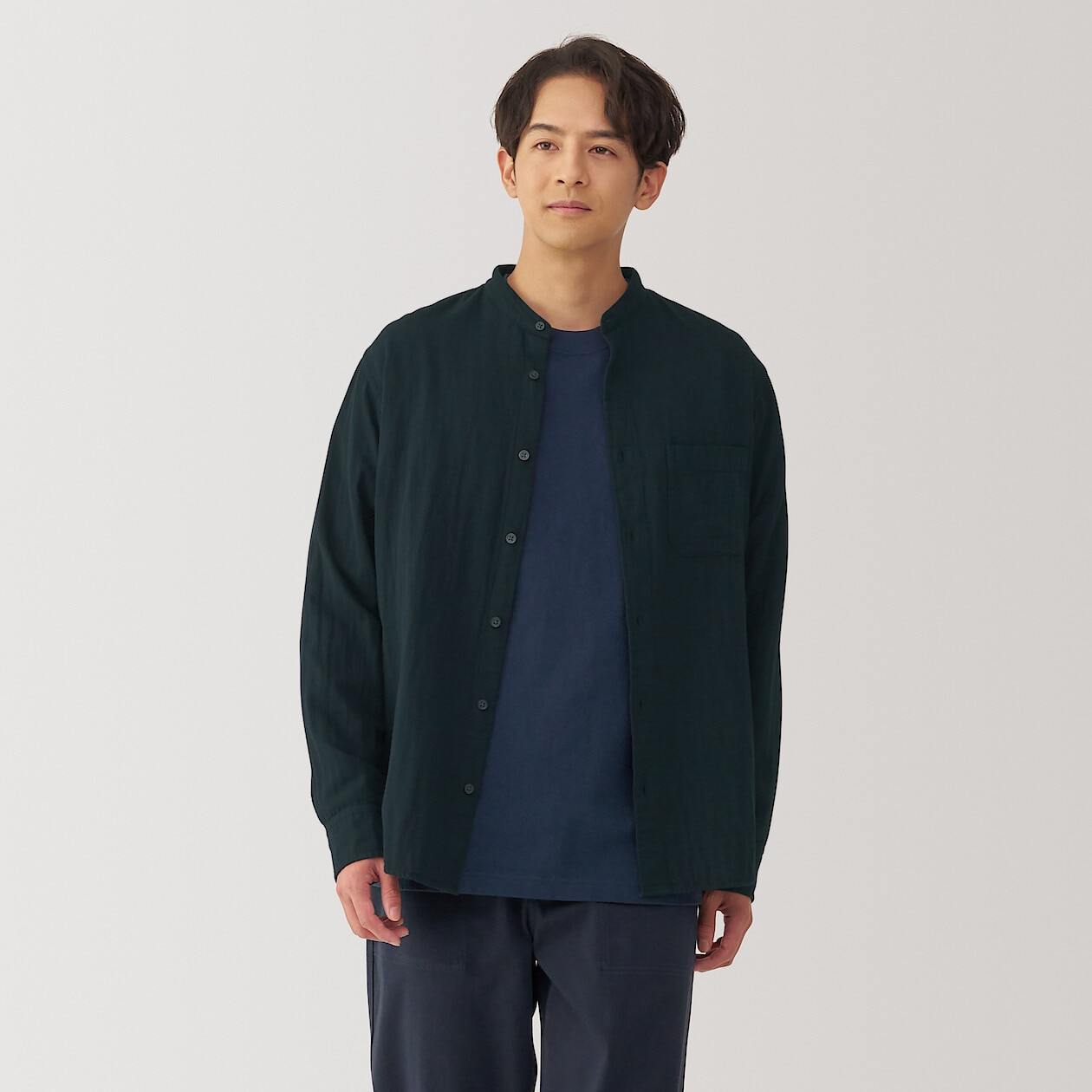 Kapok blended double gauze stand collar Long Sleeve shirt