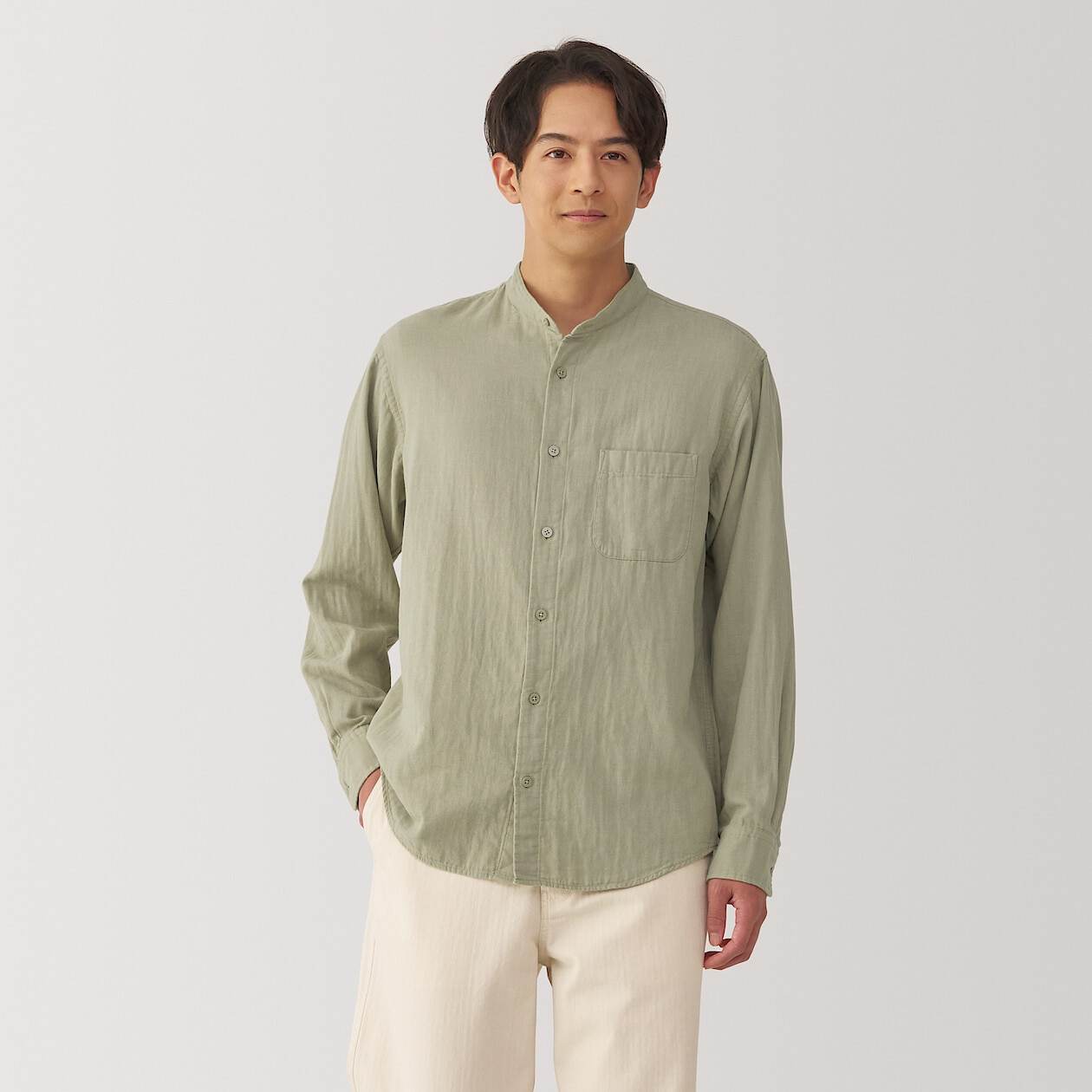 Kapok blended double gauze stand collar Long Sleeve shirt
