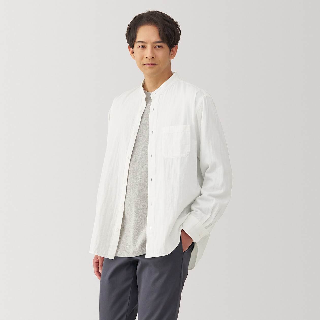 Kapok blended double gauze stand collar Long Sleeve shirt