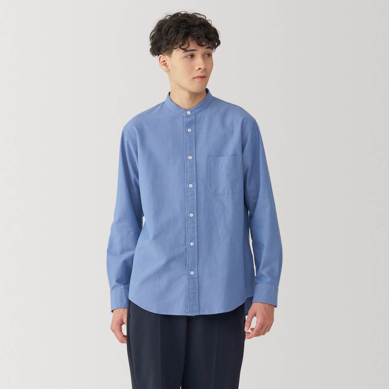 Washed oxford stand collar Long Sleeve shirt
