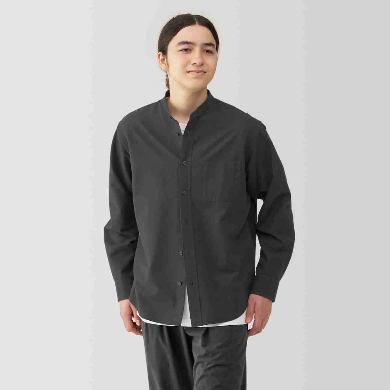 Washed oxford stand collar Long Sleeve shirt