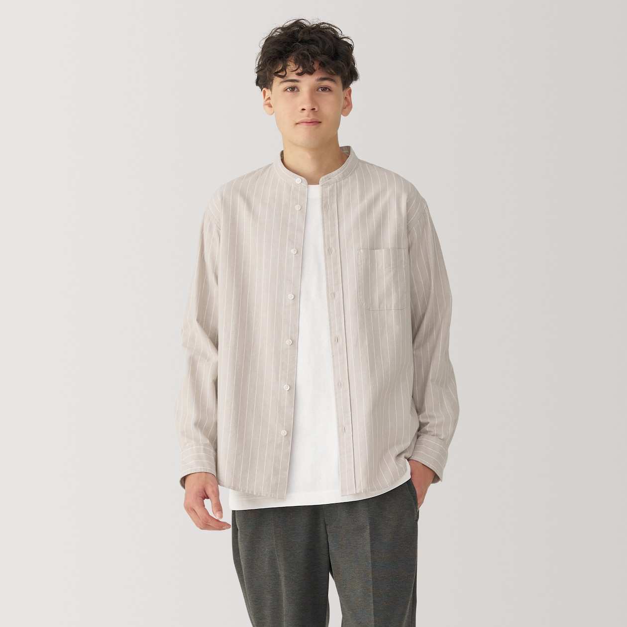 Washed oxford stand collar Long Sleeve shirt