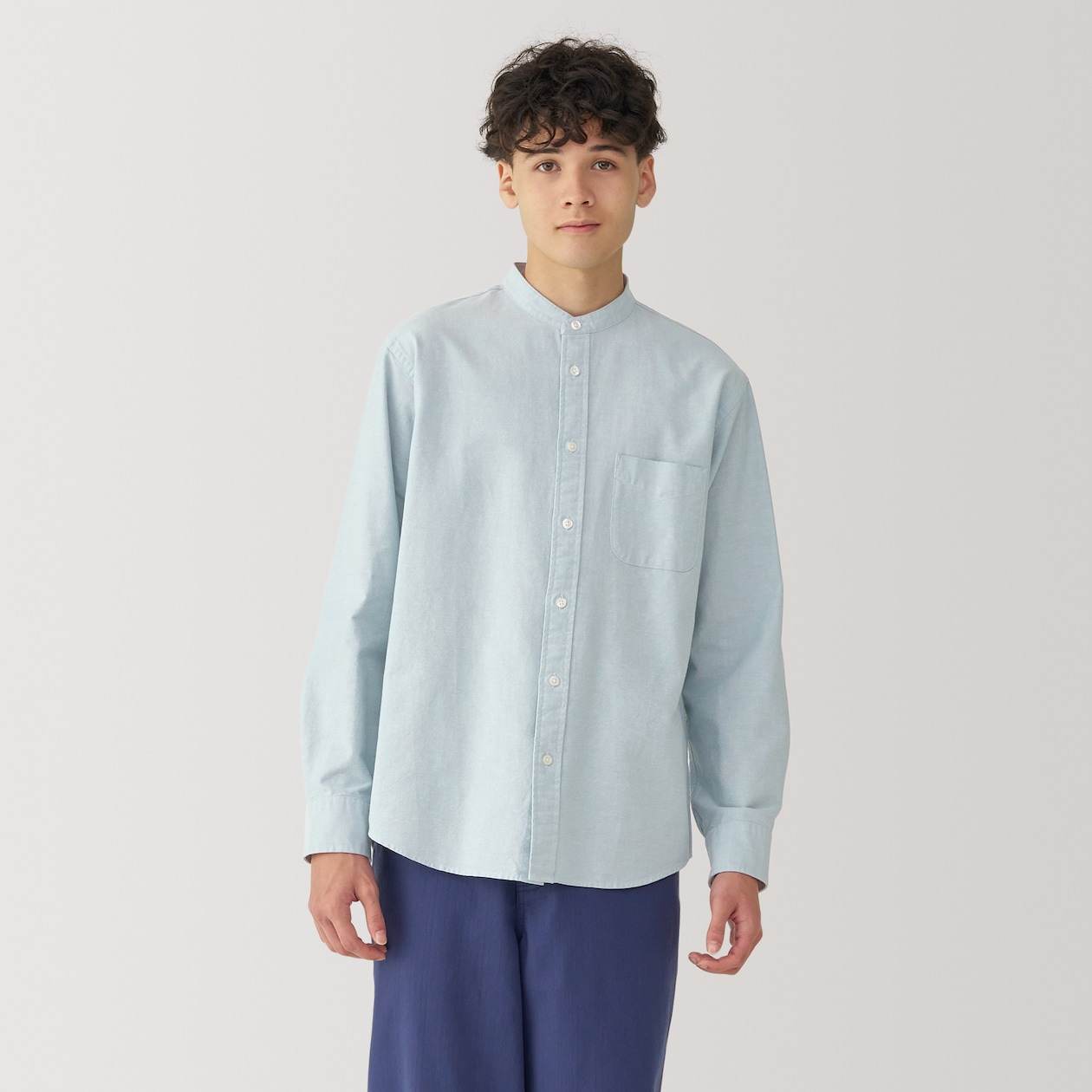Washed oxford stand collar Long Sleeve shirt