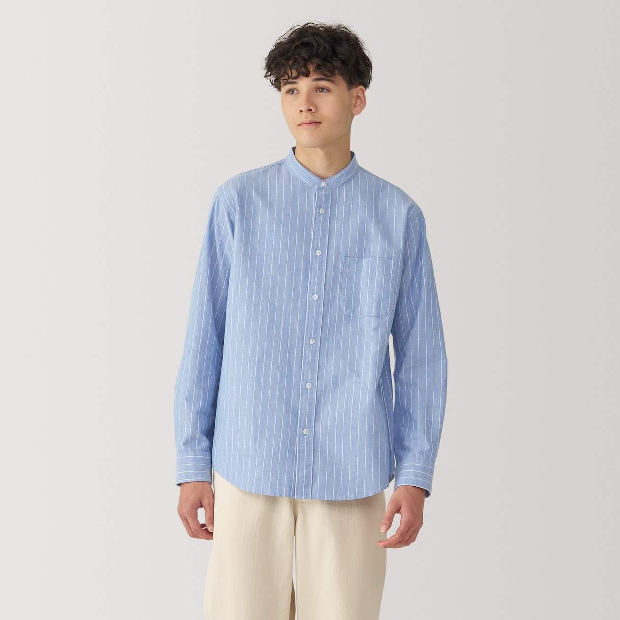 Washed oxford stand collar Long Sleeve shirt