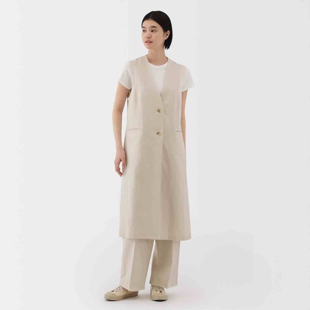 MUJI | Hemp blend twill Long gilet dress