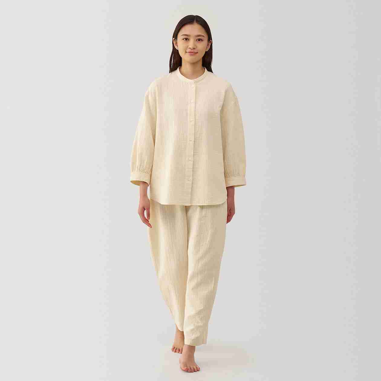 W's Crinkle gauze stand collar 3/4 sleeve pajamas