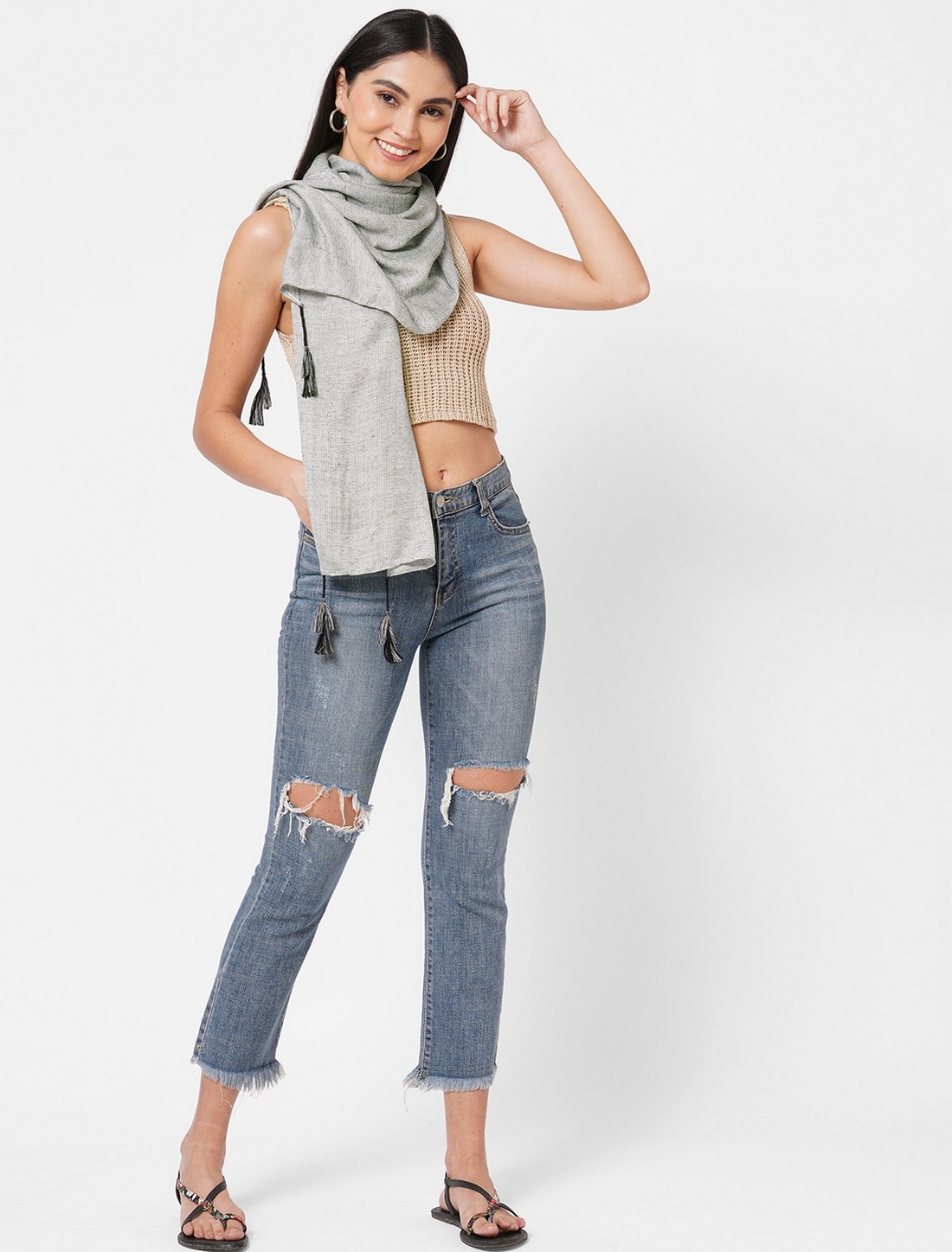 Get Wrapped | Get Wrapped Grey Dotted Scarves with Tassels 1