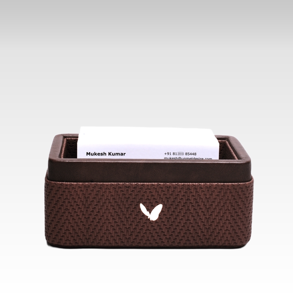 Rectangular Visiting / Business Card Holder for Desk in Premium Faux Leather | Rectangular | Size: 4.75x2.75x2(H) Inches | Chevron Series | Brown