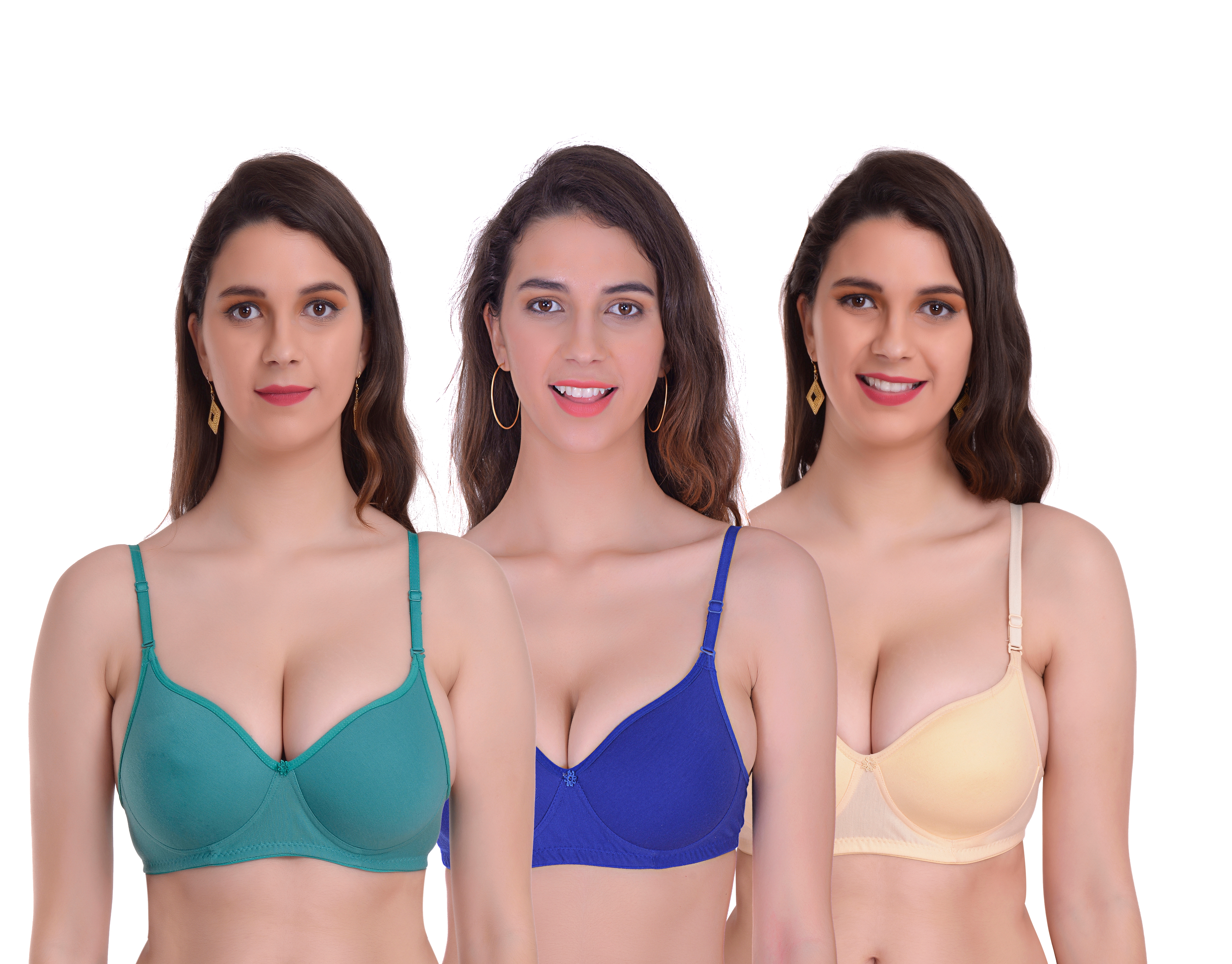 Mynte | Mynte Women's Cotton Rich Lightly Padded Non-Wired Full Cup Regular Bra (Pack of 3) (Green/Blue/Yellow,30) (MY-CPPB-7GBLY-30) 0