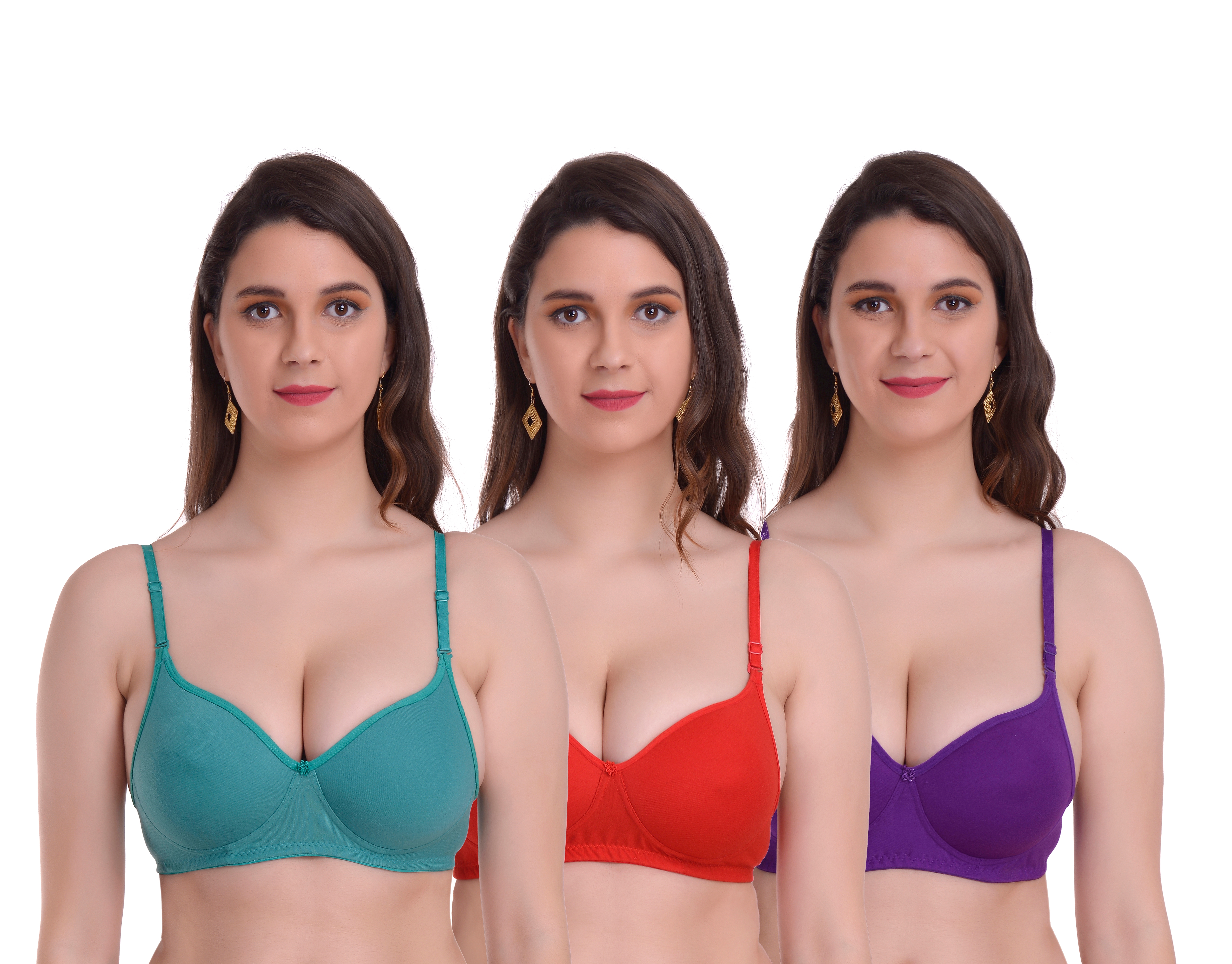 Mynte Women's Cotton Rich Lightly Padded Non-Wired Full Cup Regular Bra  (Pack of 3) (Green/Red/Purple,30) (MY-CPPB-7GRV-30)