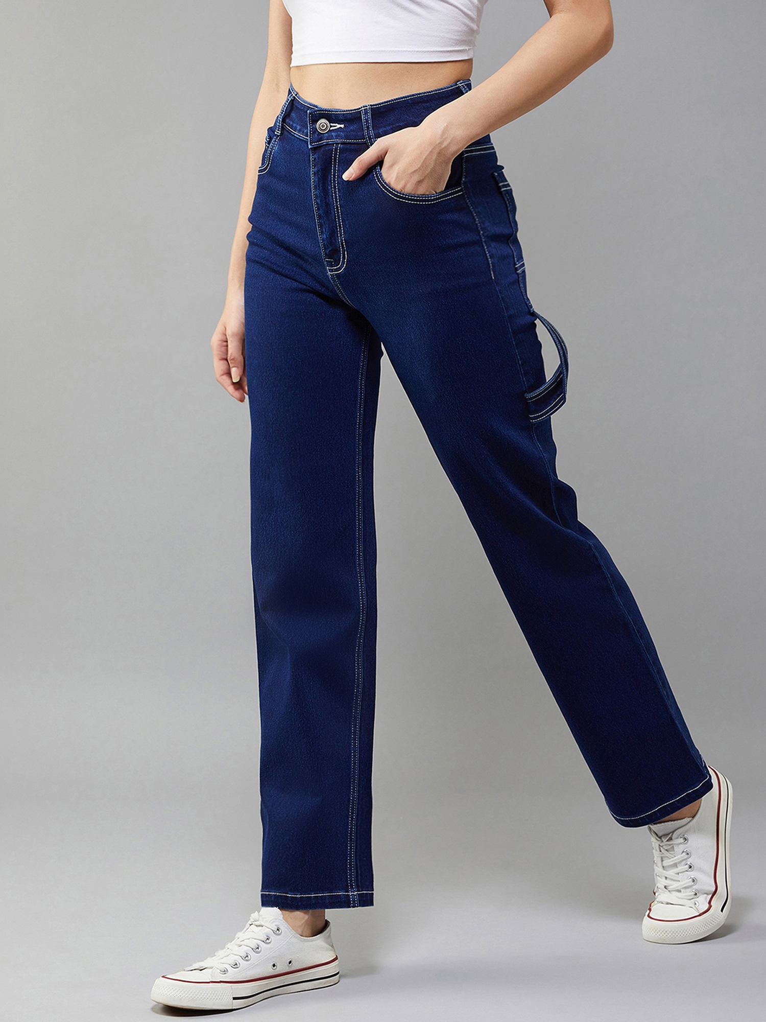 Women's Navy Blue Wide leg High rise Clean look Regular Stretchable Denim Jeans