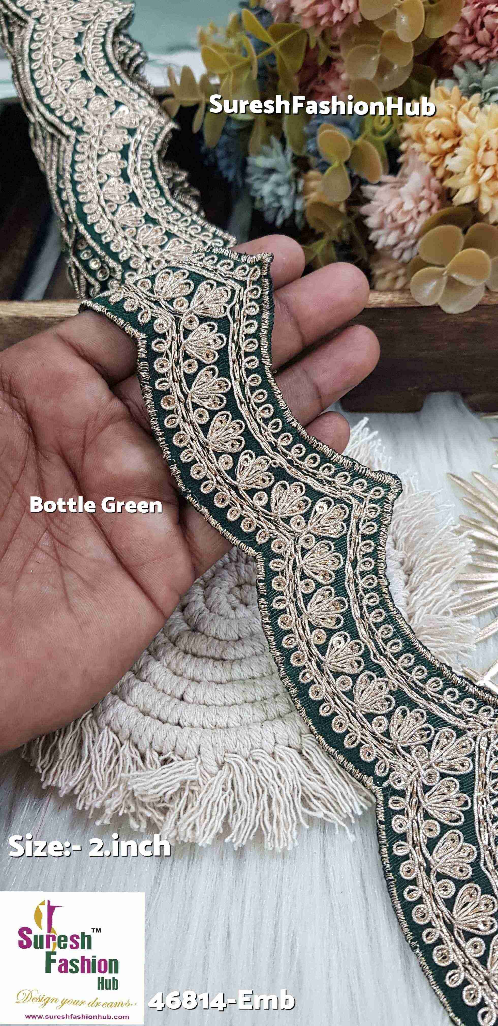 Double Scalloped Raw Silk Embroidered Bottle Green Colour Lace Roll