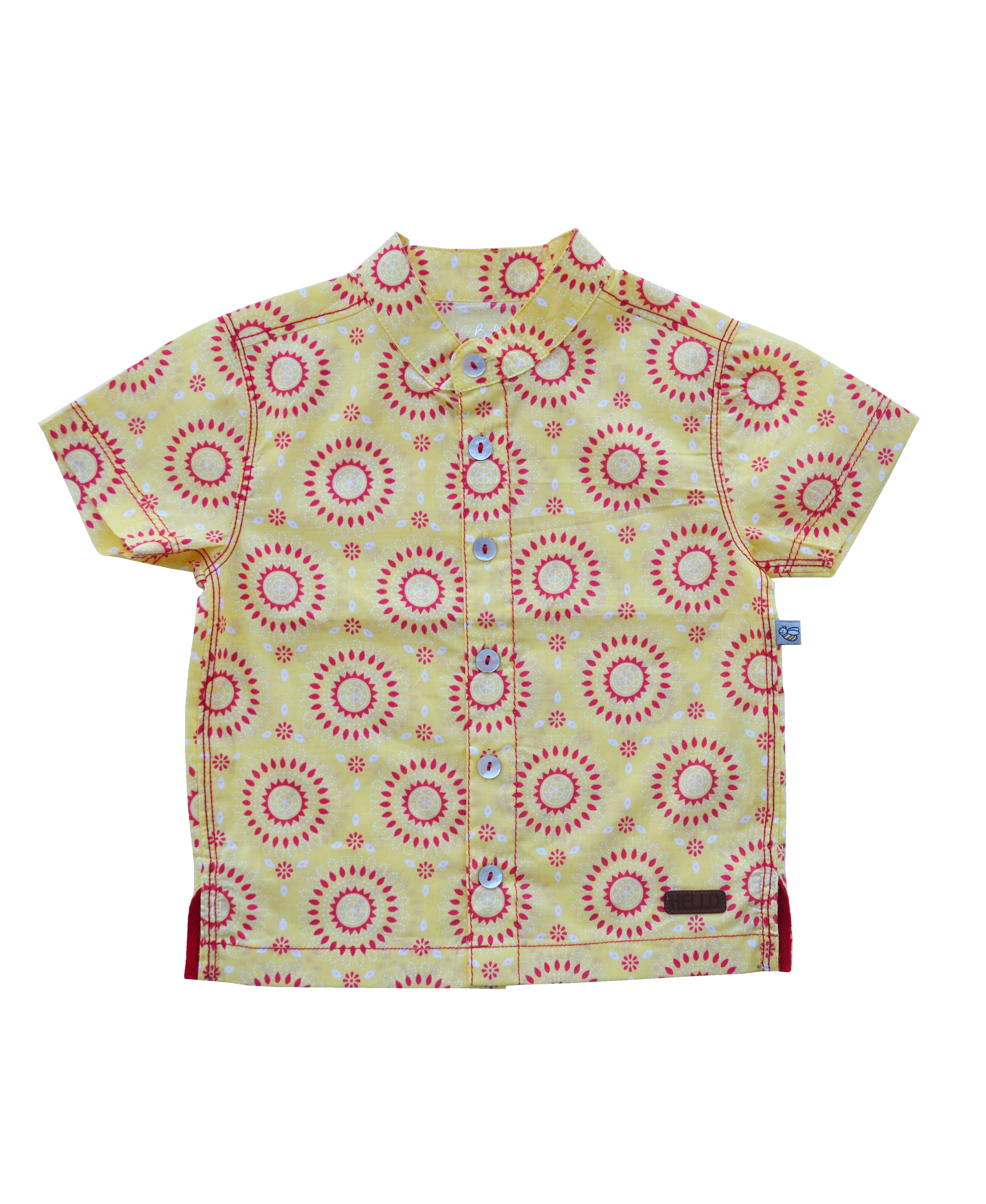 Allover Circles Print Yellow Short Sleeves Kurta Shirt (100% Cotton)