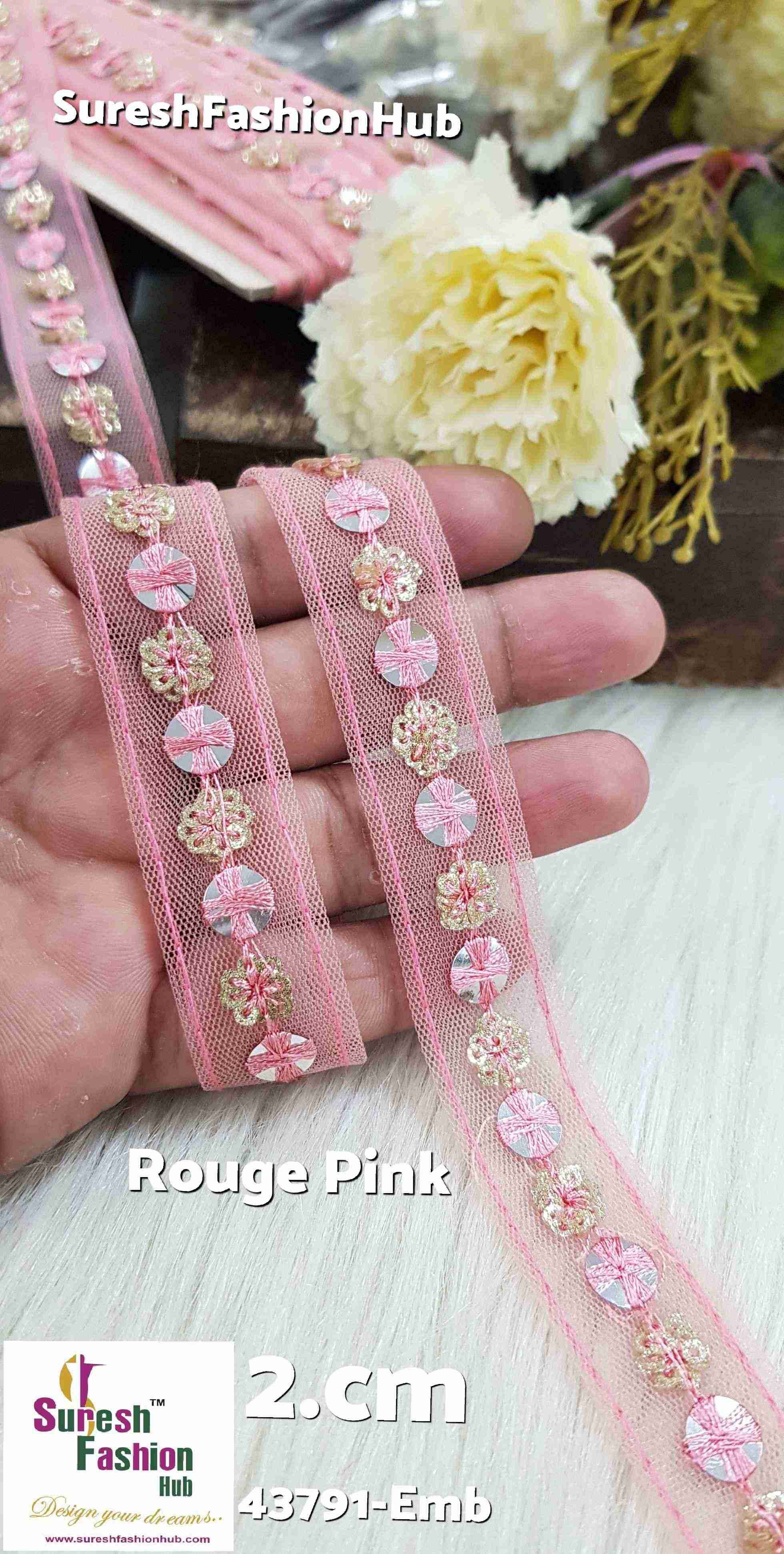 Rouge Pink  Embellished Floral Lace Trim